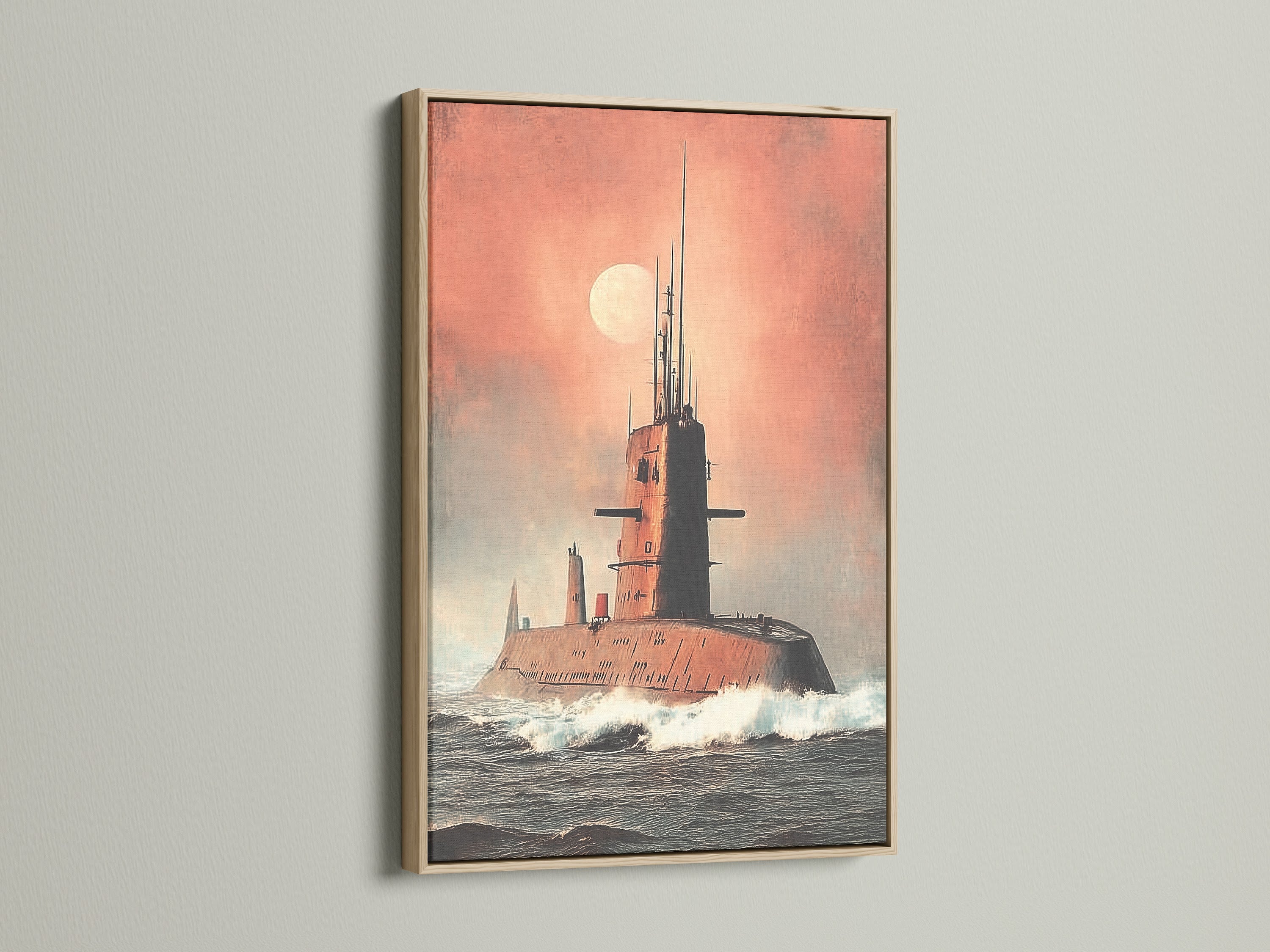 Submarine art print showcased in an oak frame. This naval wall art piece brings a touch of military history to any room. The frame enhances the vintage appeal of this ocean canvas art. Perfect for industrial and rustic styles.