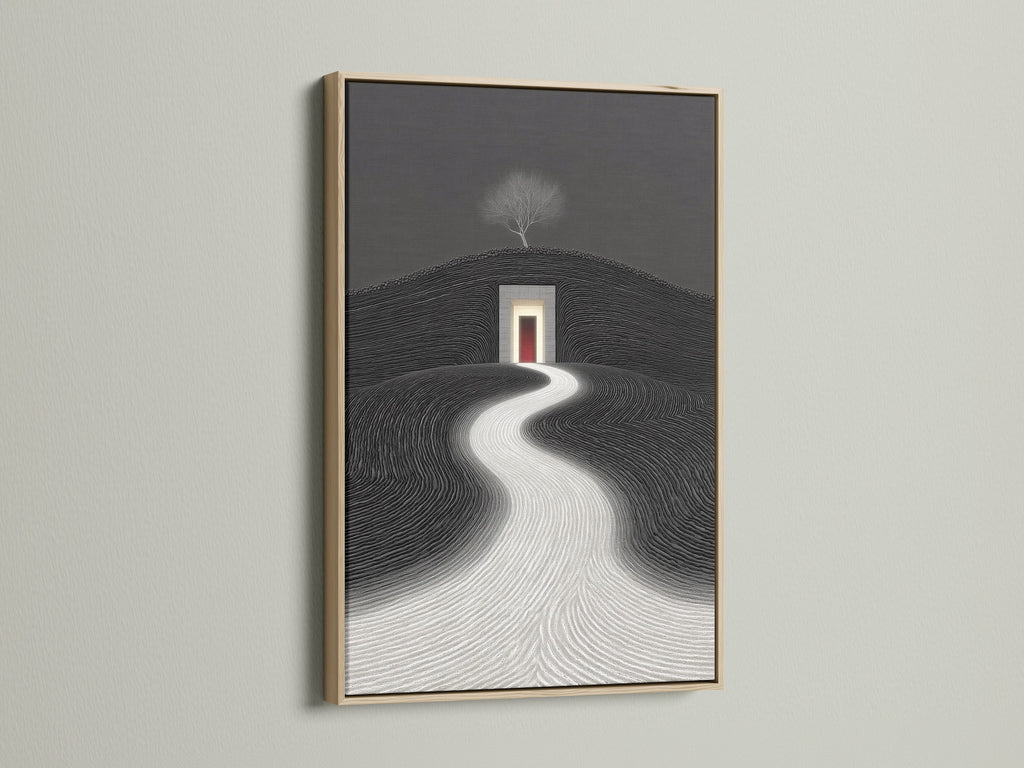 Discover minimalist landscape canvas wall art framed in oak. The art features a surreal path. It adds a modern touch to any room. This black and white geometric decor is perfect for bedrooms. Bring zen wall art into your space.
