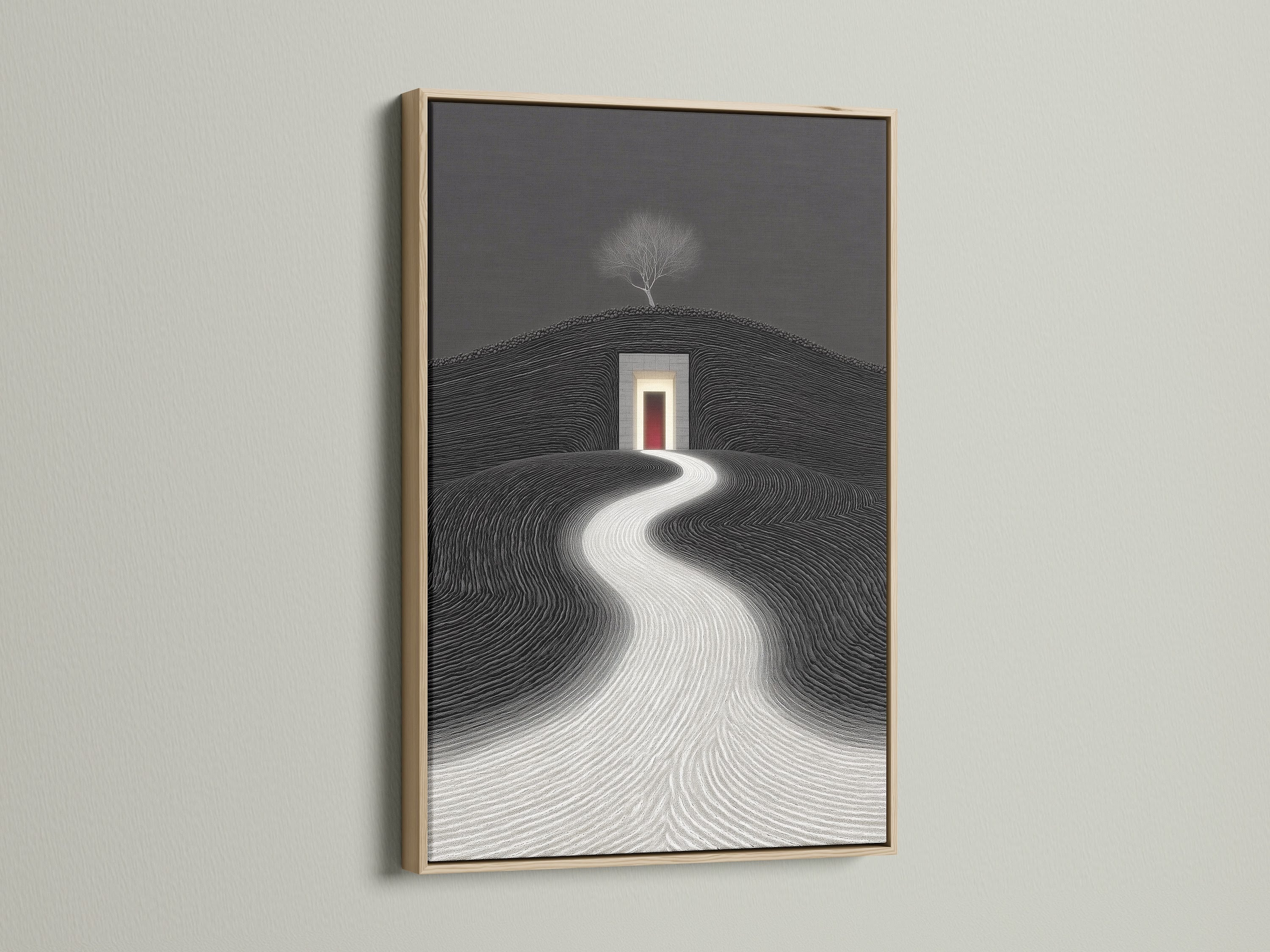 Discover minimalist landscape canvas wall art framed in oak. The art features a surreal path. It adds a modern touch to any room. This black and white geometric decor is perfect for bedrooms. Bring zen wall art into your space.