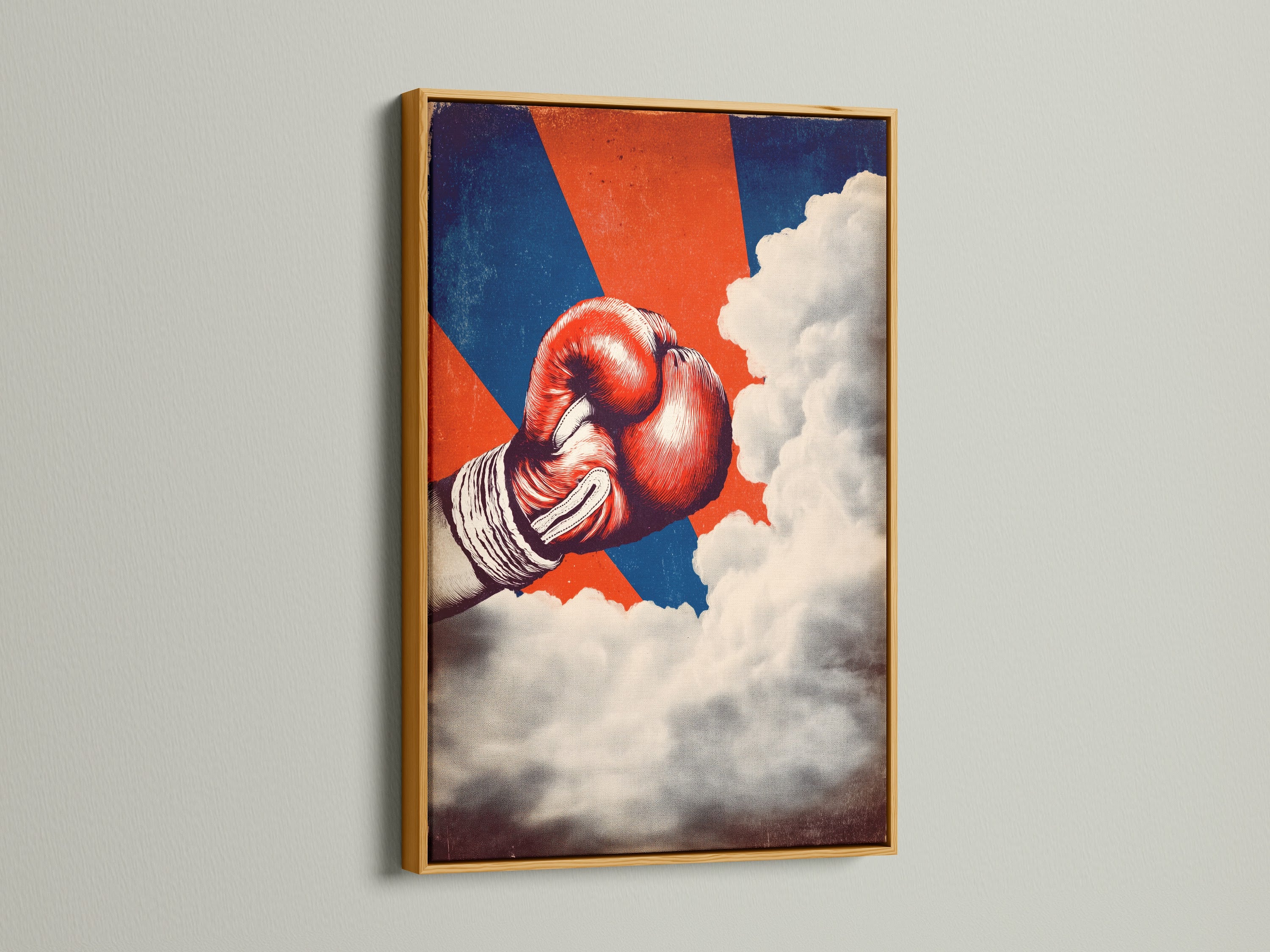A vintage boxing glove artwork is luxuriously displayed in a gold frame. This retro fight poster is ideal for enhancing your man cave decor. The sports wall art adds a vintage touch. Red and blue art creates a classic boxing atmosphere.