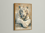 The majestic white tiger artwork is showcased in a luxurious gold frame. The safari wall decor adds elegance to any room. This wildlife canvas print will enhance your animal art collection.