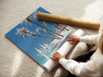 A woman is carefully rolling a fine art poster paper print. Our tropical beach artwork is available on high-quality fine art paper. Perfect for framing or displaying as a poster. Bring coastal charm to your space today