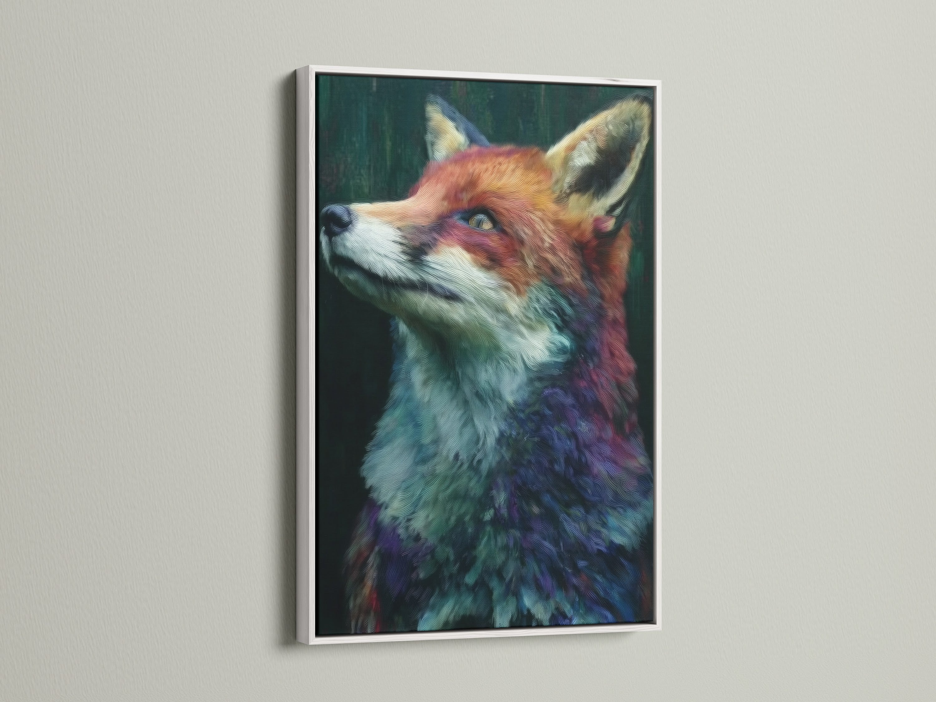 Fox portrait wildlife artwork with a white frame. This animal artwork offers a clean modern look. Perfect for adding a colorful yet sophisticated touch to your study wall decor. It's a vibrant piece.