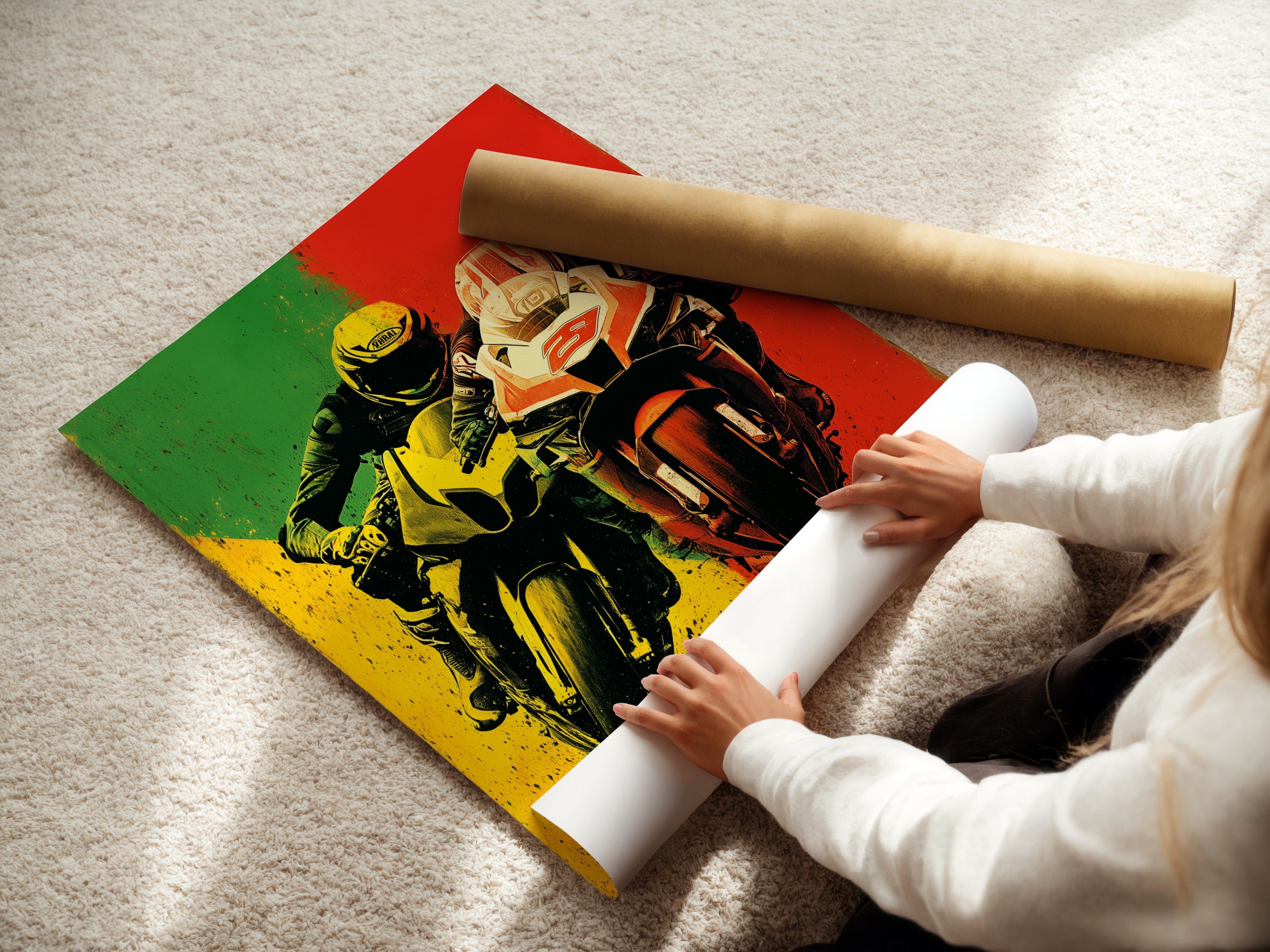 A woman is carefully rolling a fine art poster paper of motorcycle racing artwork. This vintage sports poster is perfect for framing. Frame it and hang it in your garage or man cave. The quality is exceptional. Get yours today.