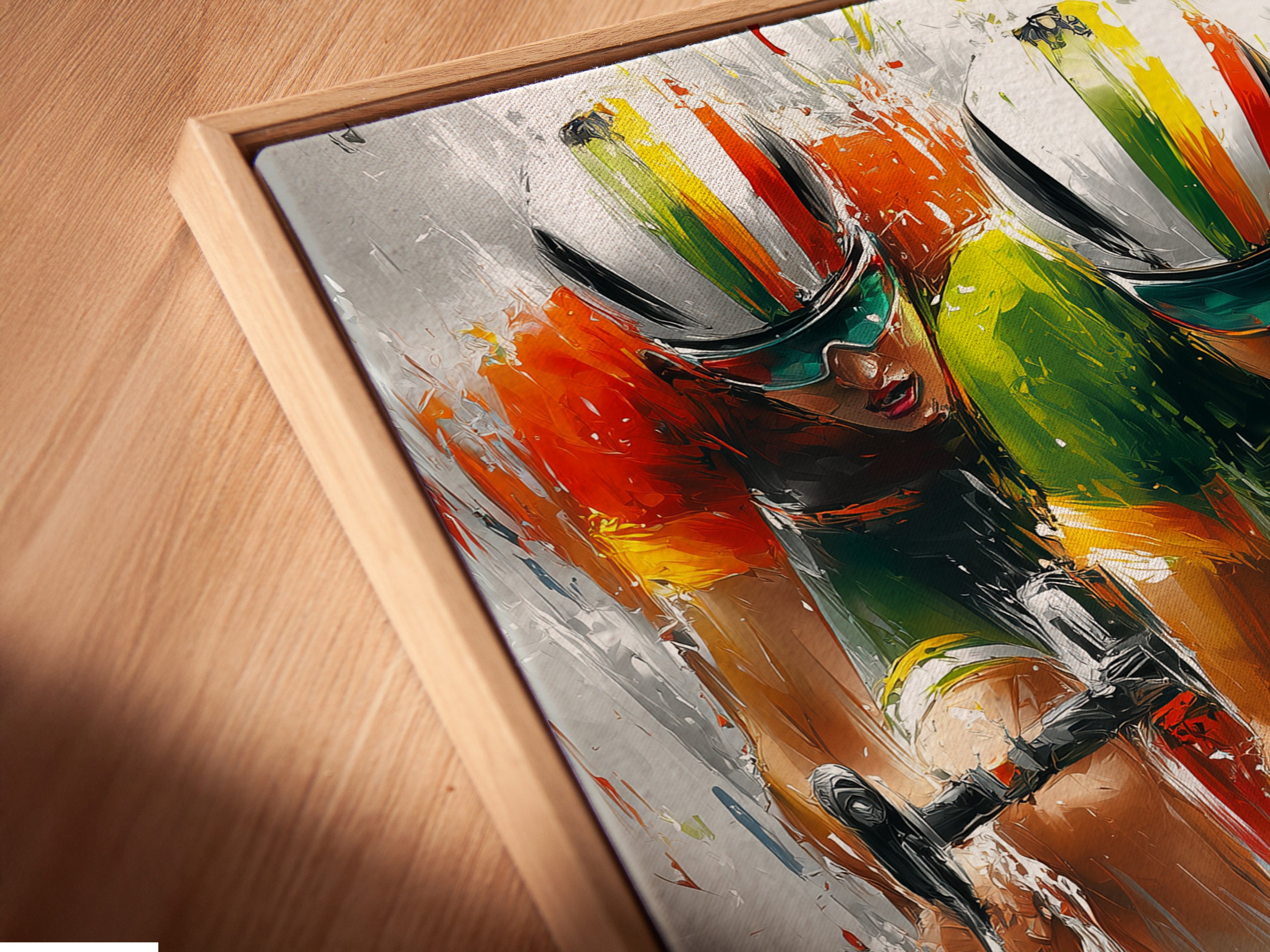 A close-up angled view shows a canvas print in a floating frame. The frame gives the illusion that the art is floating. It creates a modern gallery look. Explore the unique appeal of floating frames for your canvas art.