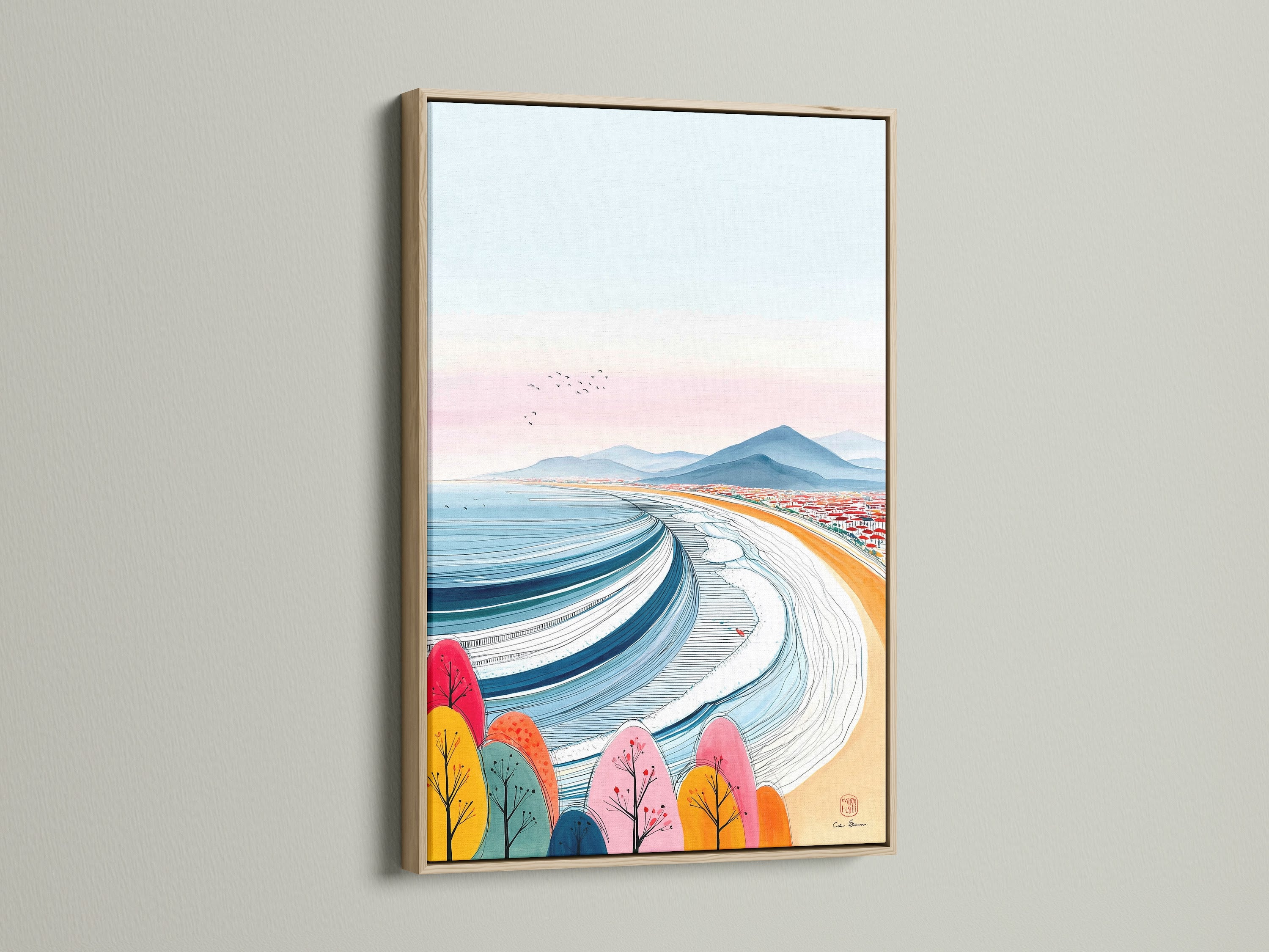 Coastal artwork in an oak frame. The piece displays a vibrant beach scene. It includes colorful trees a gentle ocean view and modern artistic lines. Ideal for adding a beachy touch to any room.