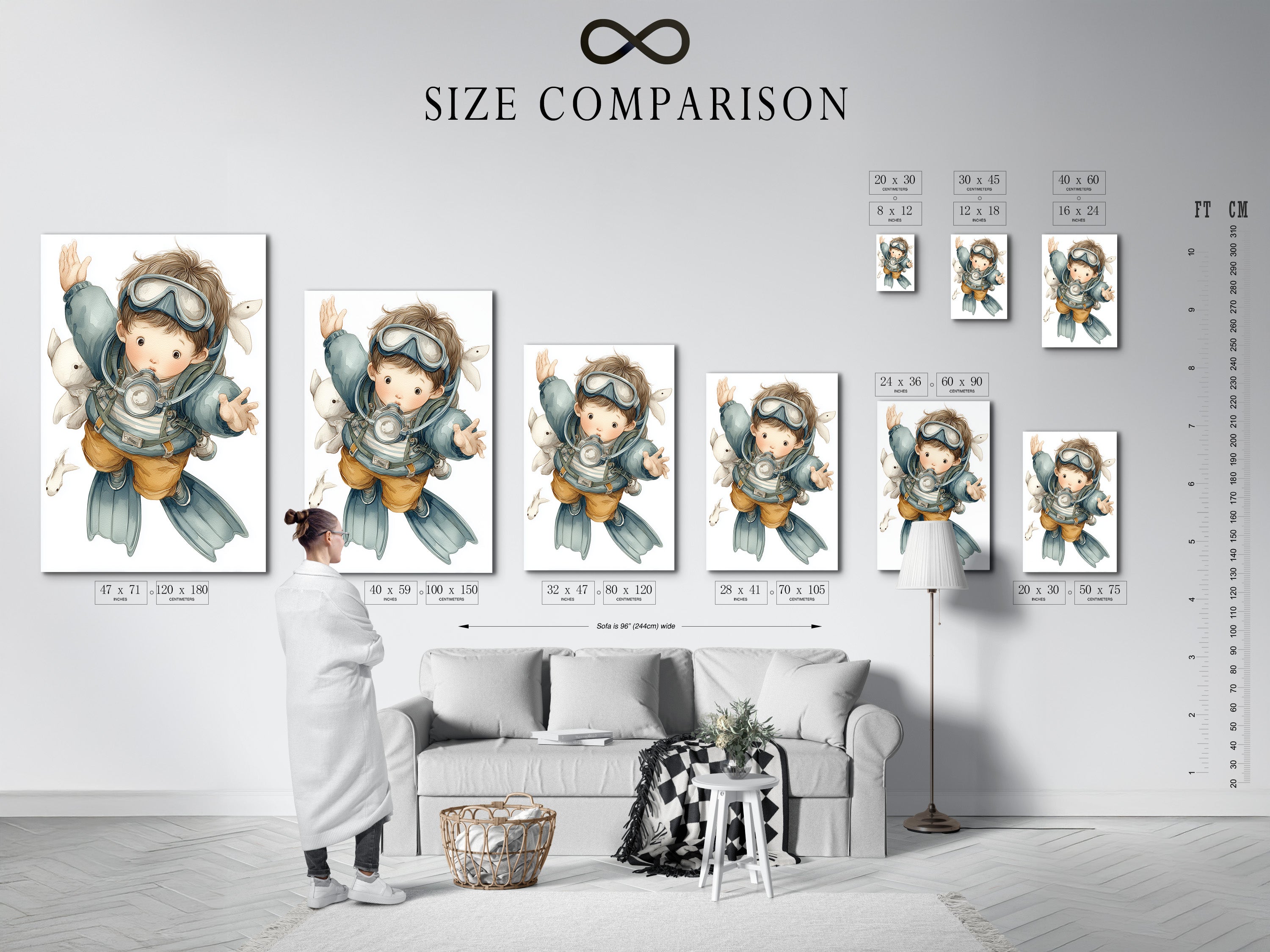 A size comparison chart is displayed in an interior setting. This chart shows the available sizes for the scuba diver art print. Perfect for planning your kids room wall decor or nursery. Choose the ideal size for your space. Create a captivating ocean themed room.