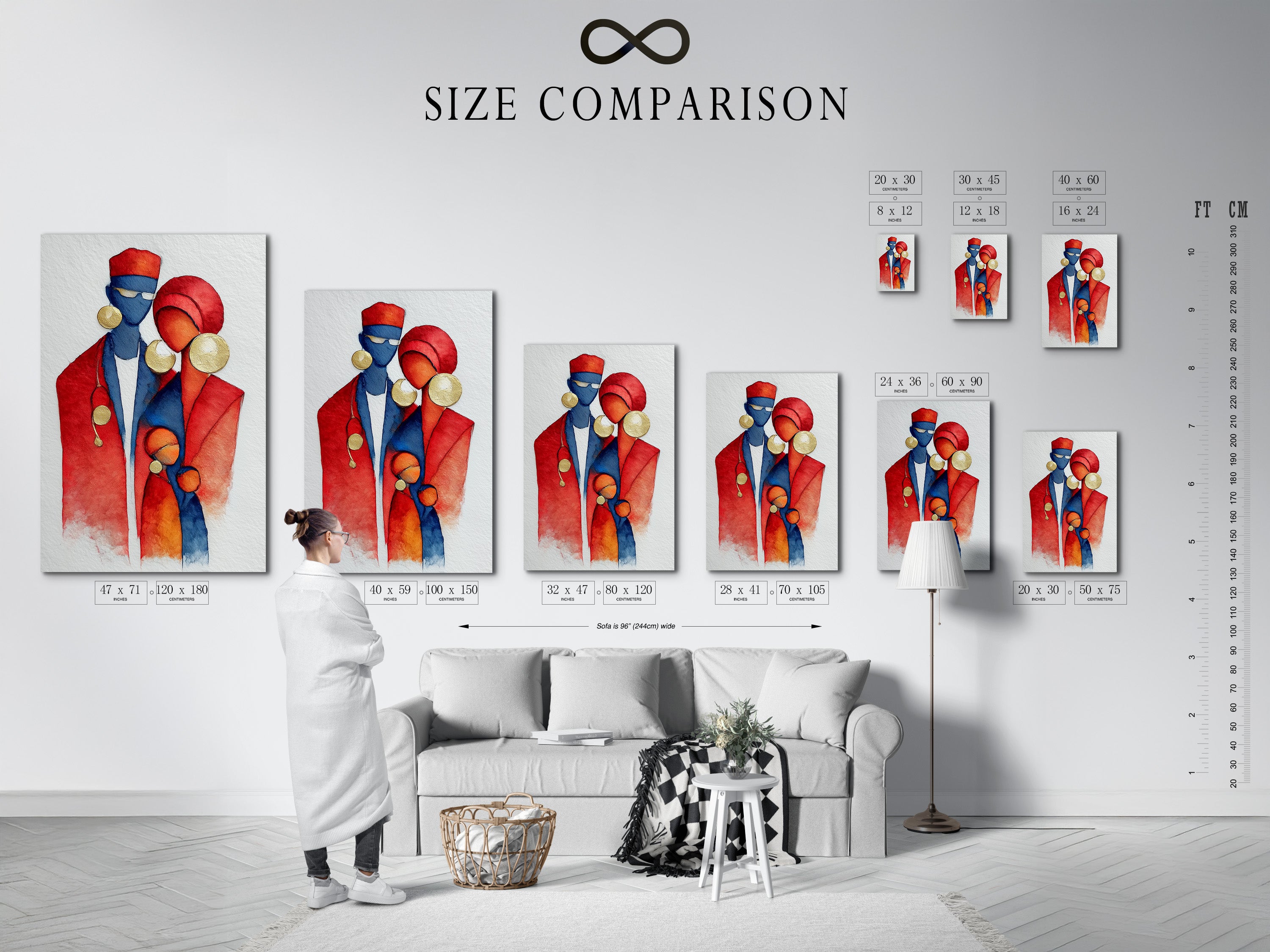 A size comparison chart is displayed in an interior setting. It showcases various sizes of the African family artwork. The watercolor print is available in multiple dimensions. Choose the perfect size for your space. See how it fits in a room.