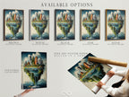 An array of available options for a cityscape island artwork. You can choose from a stretched canvas print a fine art poster paper or a floating frame. The fantasy print features a whimsical floating metropolis. Customize your art to match your style. This unique wall art offers versatile decor solutions.