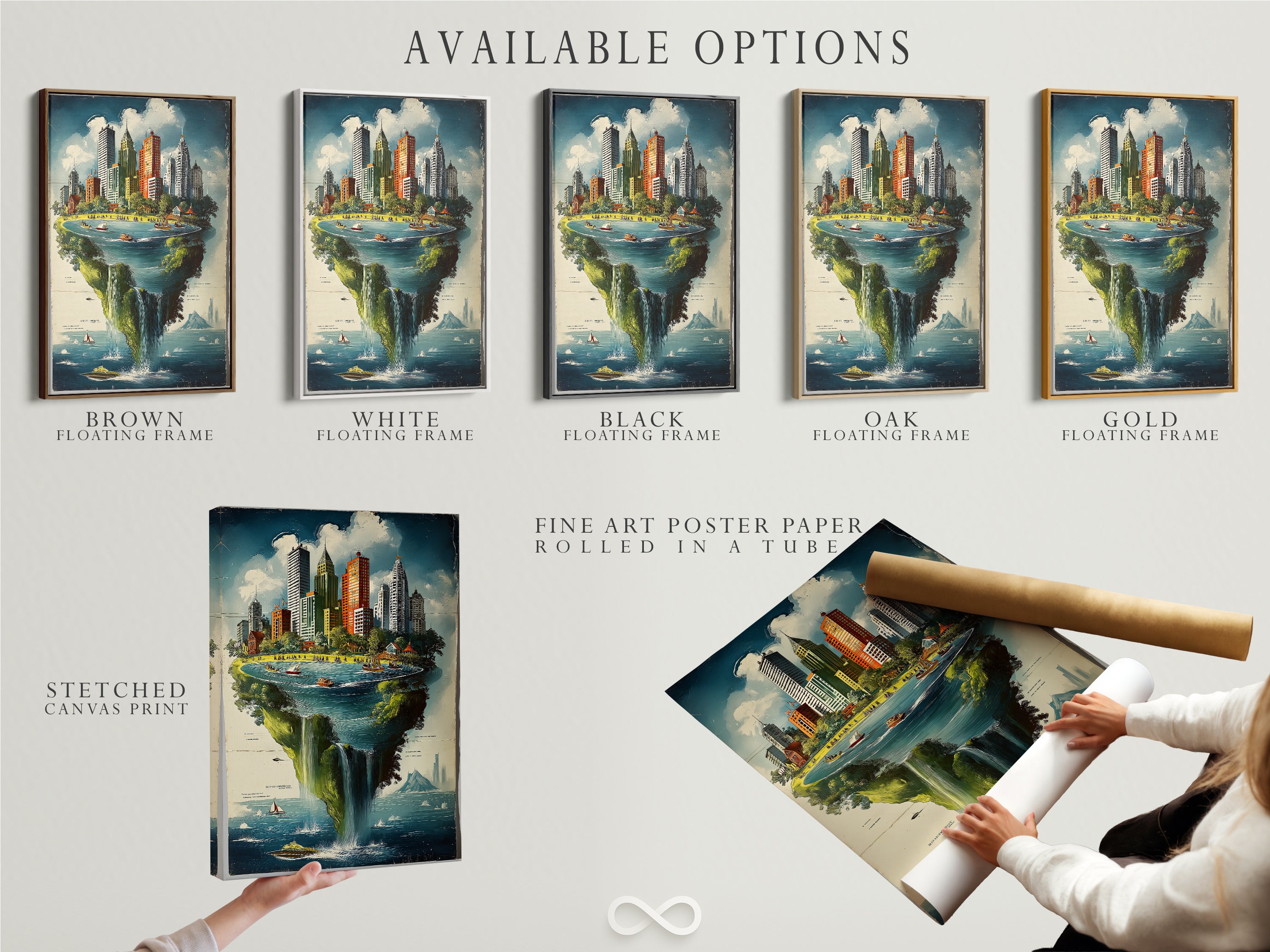 An array of available options for a cityscape island artwork. You can choose from a stretched canvas print a fine art poster paper or a floating frame. The fantasy print features a whimsical floating metropolis. Customize your art to match your style. This unique wall art offers versatile decor solutions.