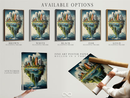 An array of available options for a cityscape island artwork. You can choose from a stretched canvas print a fine art poster paper or a floating frame. The fantasy print features a whimsical floating metropolis. Customize your art to match your style. This unique wall art offers versatile decor solutions.
