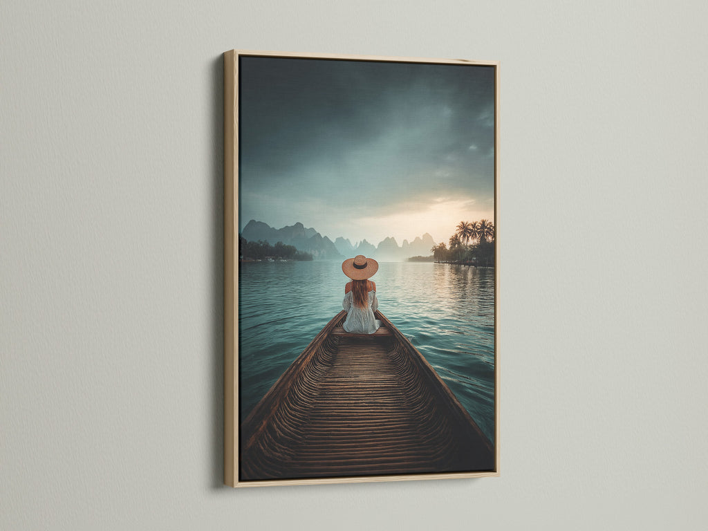 Serene Lake Boat Journey Wall Art - Woman in Straw Hat Mountain Landscape, Tranquil Water Scene, Peaceful Nature Photography Print