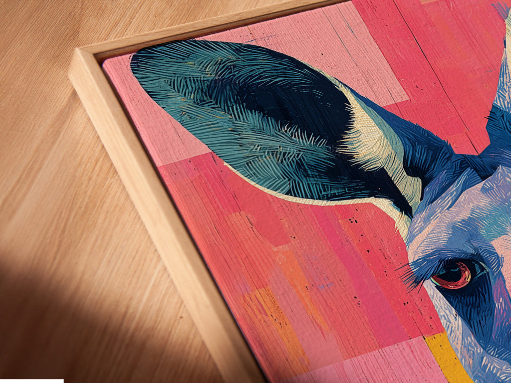 Close up of a canvas print in a floating frame. The frame gives a gallery-like appearance. It separates the art from the wall. Making the artwork appear to float adding depth.