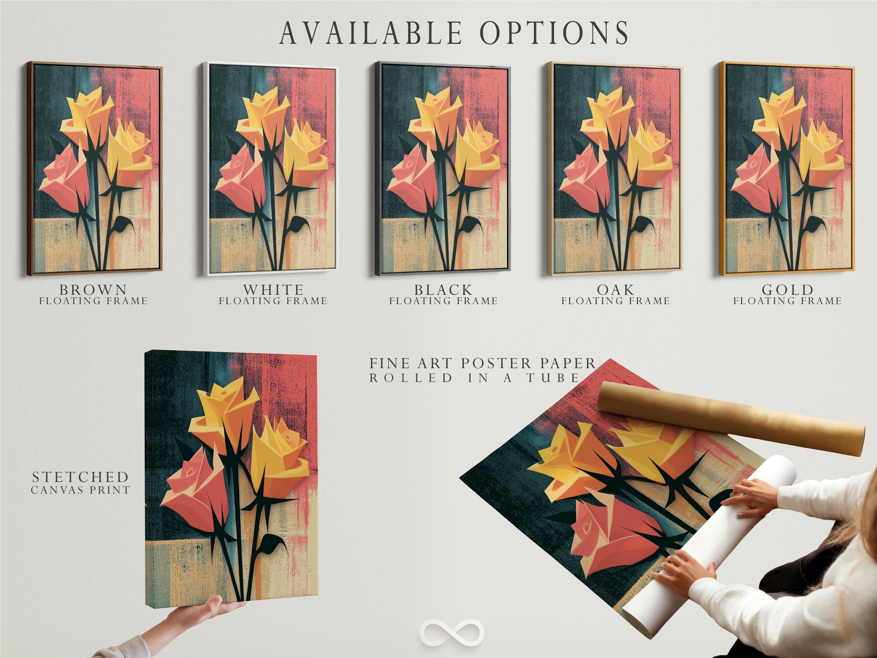 Available options include stretched canvas print fine art poster paper and floating frame. This floral rose artwork is abstract. The botanical artwork is versatile. Choose the perfect style for your home.