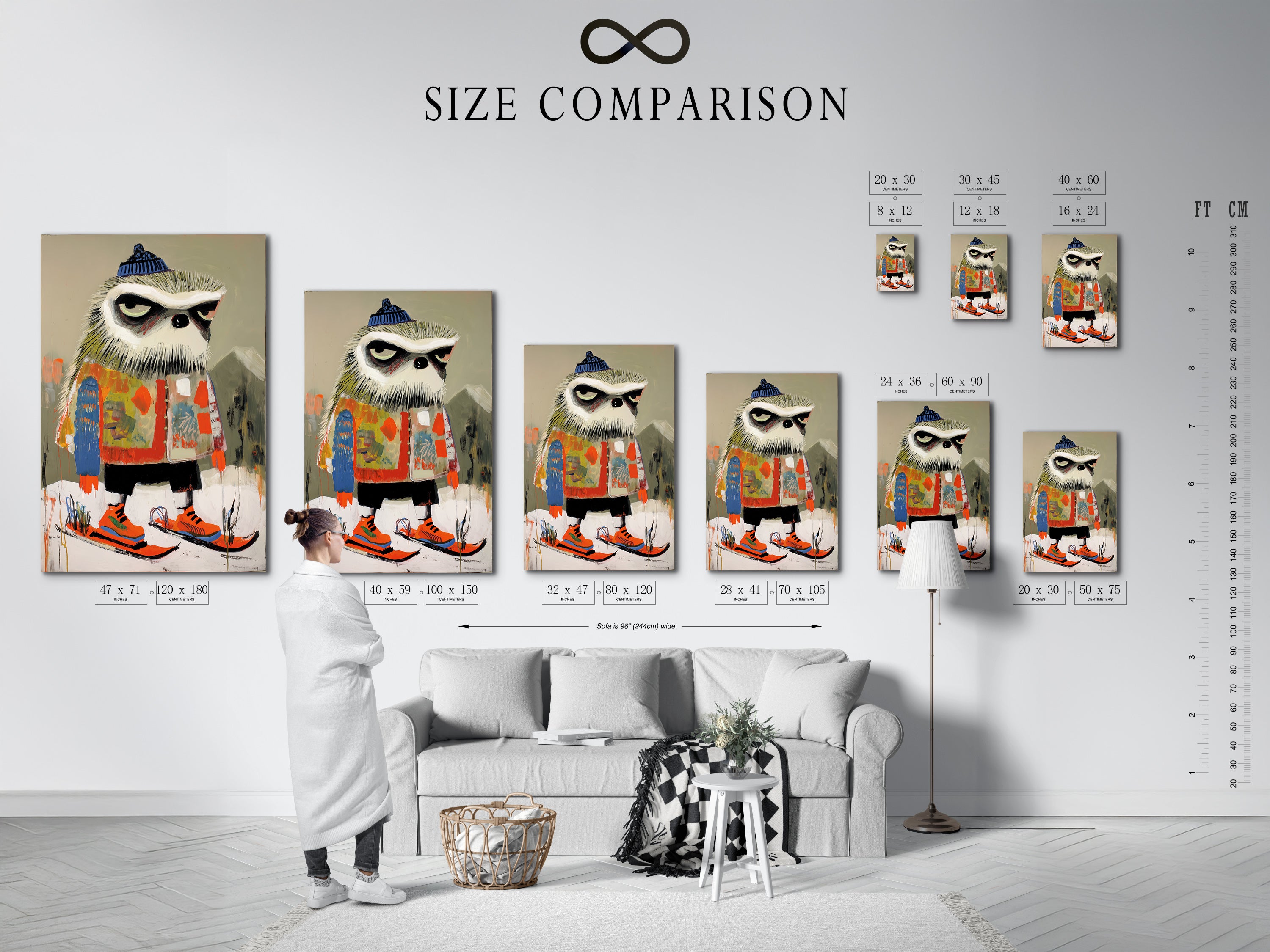 A size comparison chart shows the skiing owl art in an interior setting. This helps visualize how the artwork fits in different spaces. Great for kids room wall art or nursery wall decor the playful winter animal print adds charm. Perfect for modern eclectic and Scandinavian interiors.
