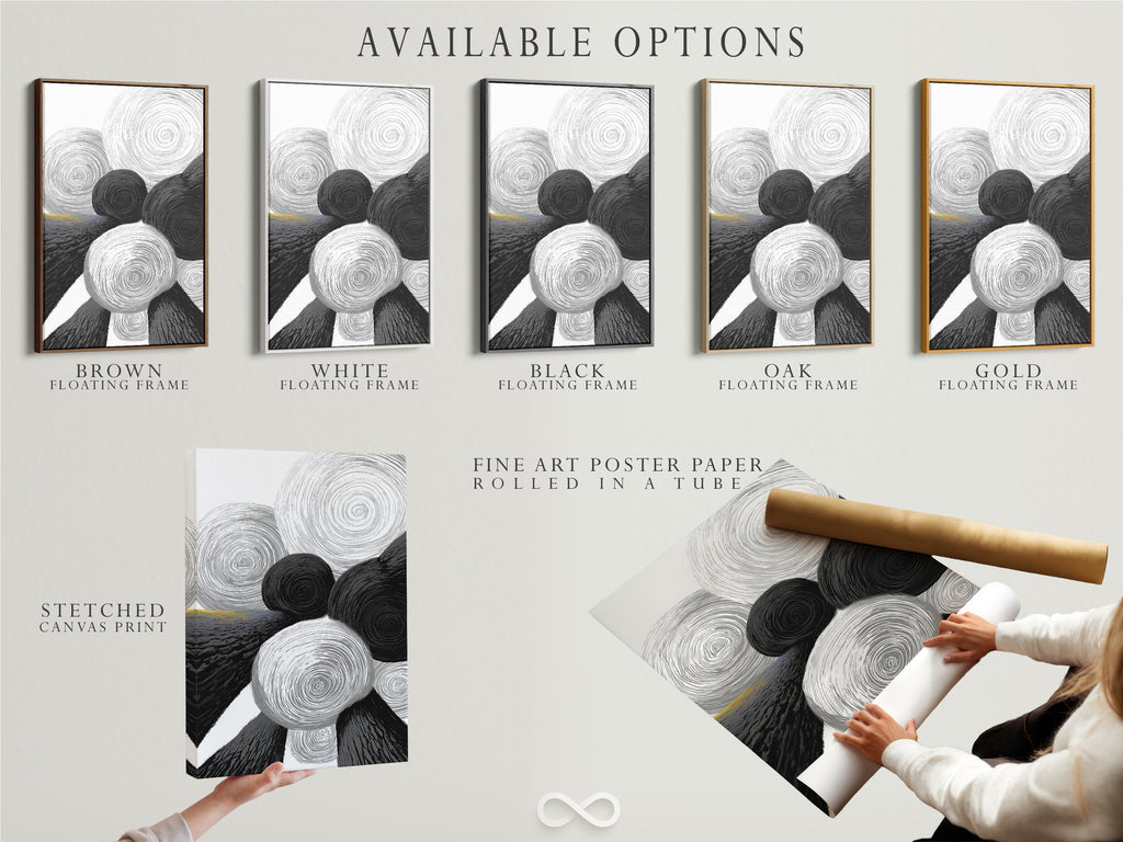 Explore available options for this abstract geometric art print. Choose from a stretched canvas print fine art poster paper or a floating frame. The artwork features black and white circles. Select the perfect format to match your style and decor needs. Elevate your space today.