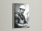 The construction worker art is beautifully presented in a white frame. This realistic worker wall art is a striking piece for office decor. The blue-collar art print adds a unique touch to any space. Enhance your interior with this framed industrial portrait.