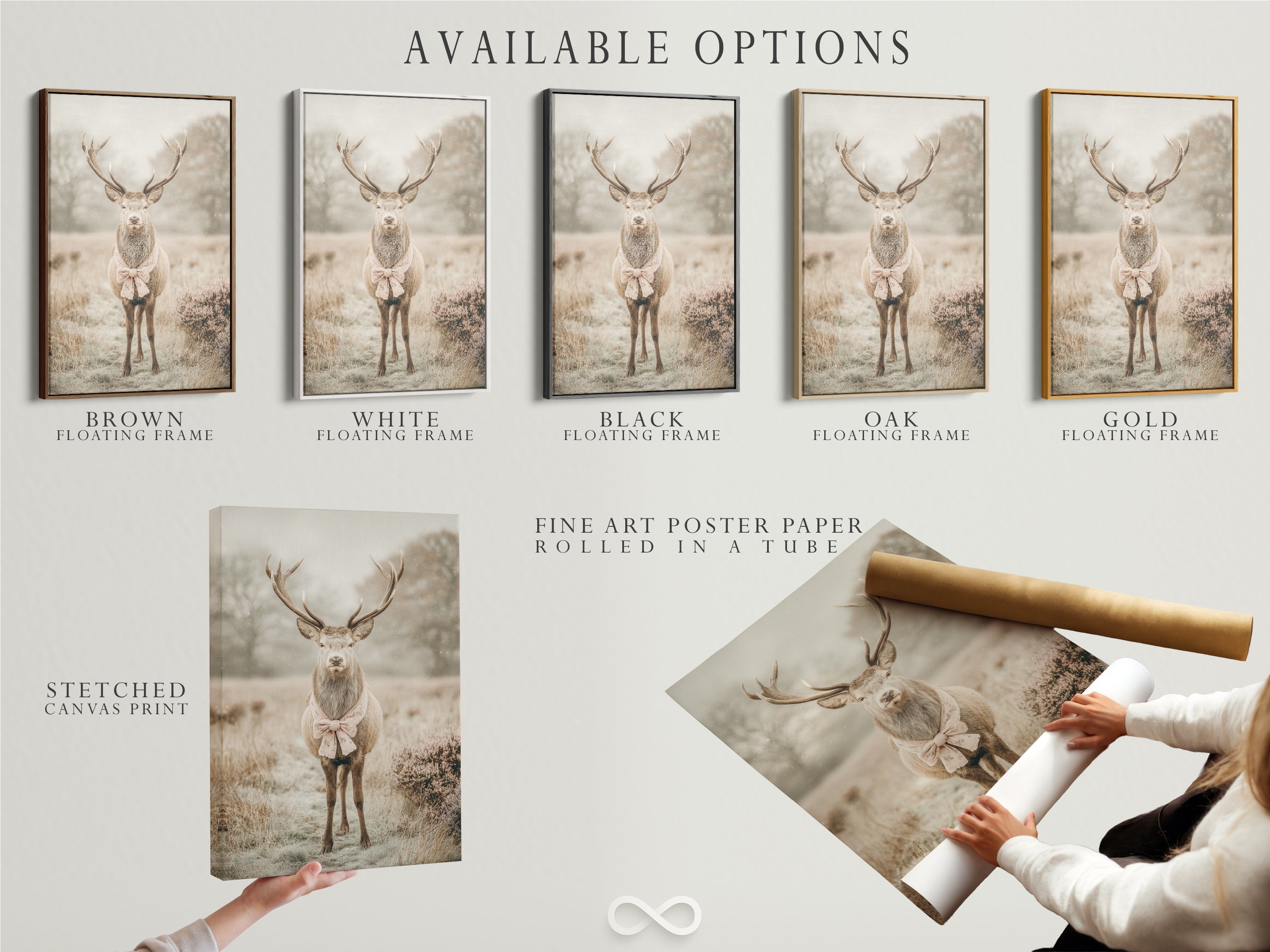 Available options for the deer with bow tie artwork are displayed. Options include a stretched canvas print fine art poster paper and floating frame. Choose the perfect option to match your style. Ideal for woodland nursery decor and rustic wall art. The artwork complements country farmhouse or eclectic decor styles. The primary color is beige.