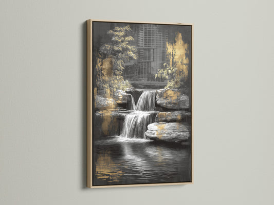Waterfall canvas print in an oak frame. This zen garden artwork features a black and gold color palette. Perfect contemporary wall decor for a peaceful space. The nature art enhances any living room or office. Bring tranquility to your home with this zen wall art.