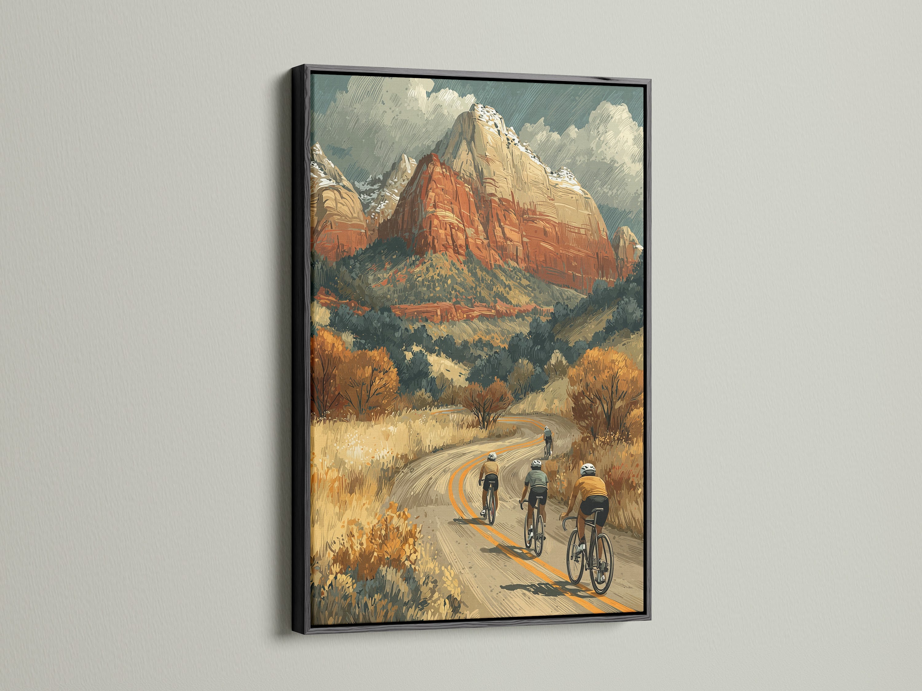 Cycling mountain art print in a black frame. Mountain bike artwork is great for adventure decor. This cycling gift is perfect for homeowners and renters. The road bike print complements coffee shops. 