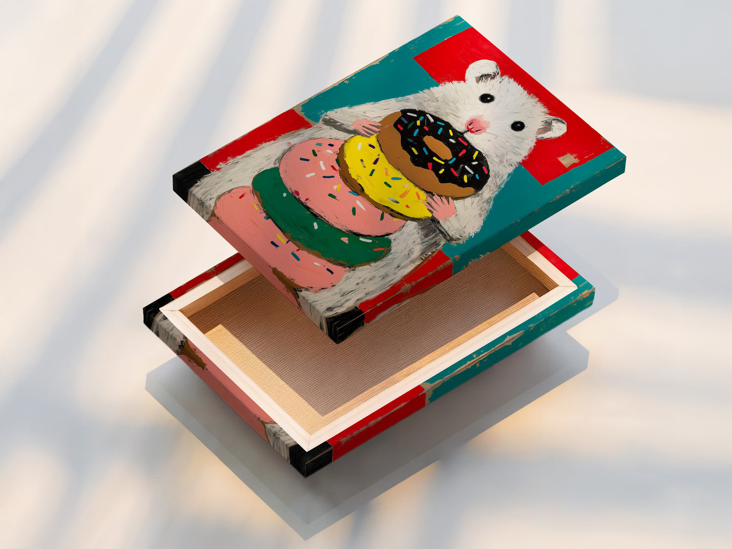 Stretched canvas print of a hamster holding a stack of donuts. This cute animal canvas is great for kitchen wall decor. This colorful artwork is perfect for a kids room.