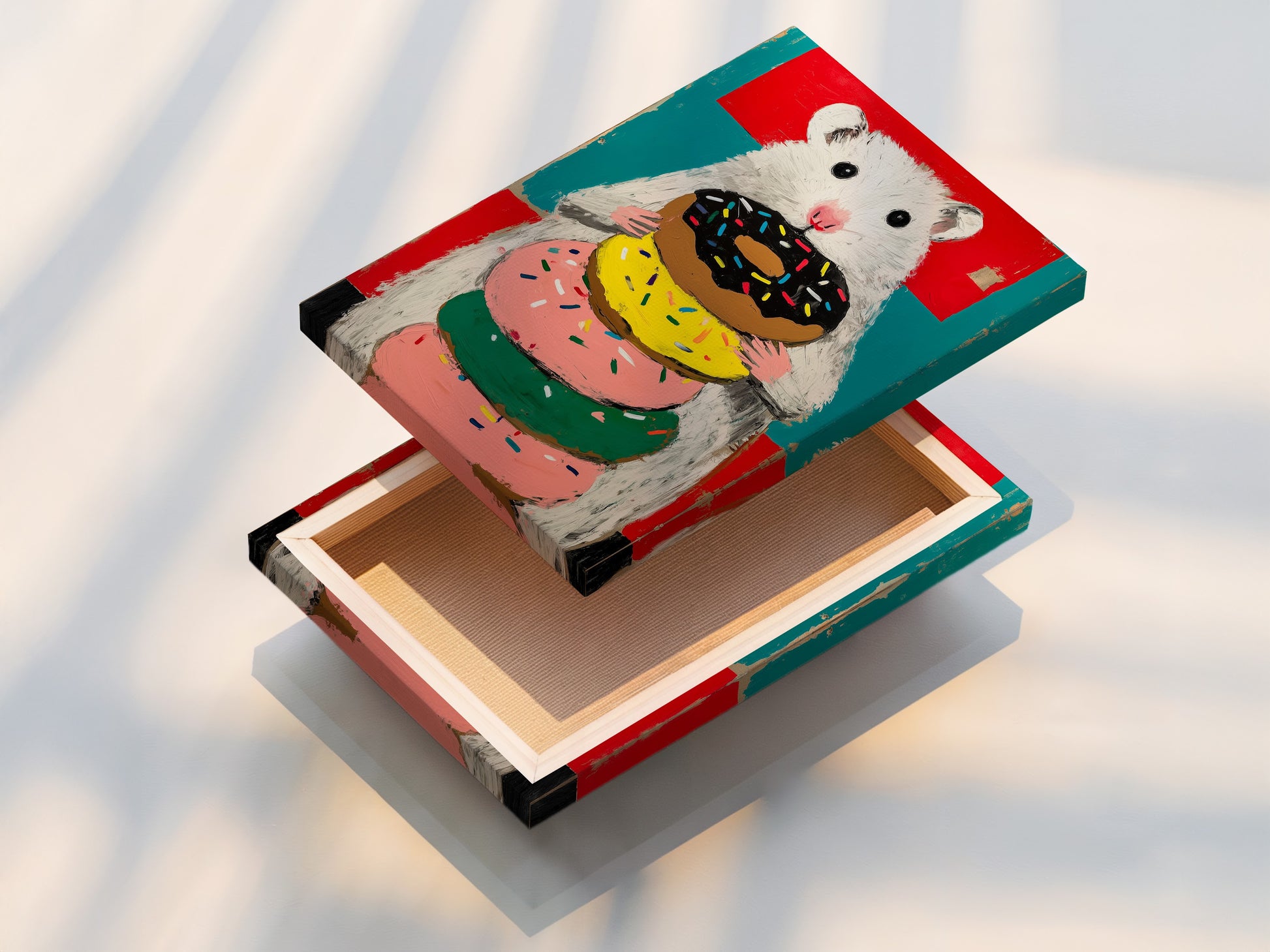 Stretched canvas print of a hamster holding a stack of donuts. This cute animal canvas is great for kitchen wall decor. This colorful artwork is perfect for a kids room.