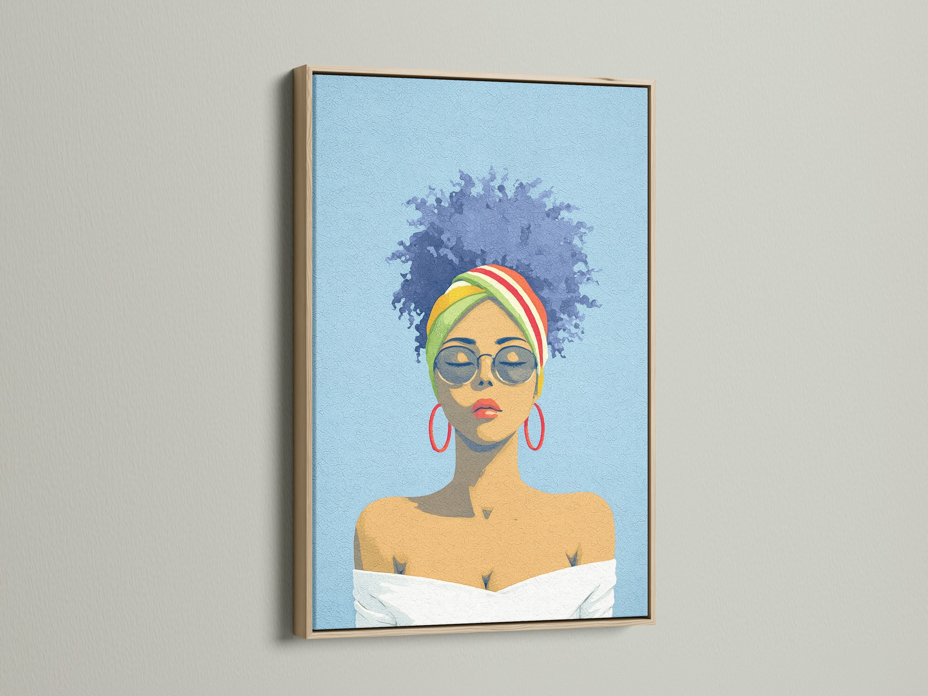 Afro Woman Portrait canvas print with an oak frame on a white wall. The artwork showcases a black girl with blue hair and stylish sunglasses. This modern portrait adds a touch of culture to any room.