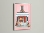 Artwork showcased in a white frame. The art features a delightful bakery scene painted in soft pinks and blues. The white frame provides a clean and modern look. This artwork will add a touch of elegance to any room. It is ideal for a serene atmosphere.