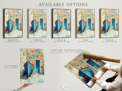 Explore available options for Coastal Boat artwork. Choose between a stretched canvas print fine art poster paper or a floating frame. Enhance your Mediterranean decor with turquoise blue accents. Create a nautical theme.