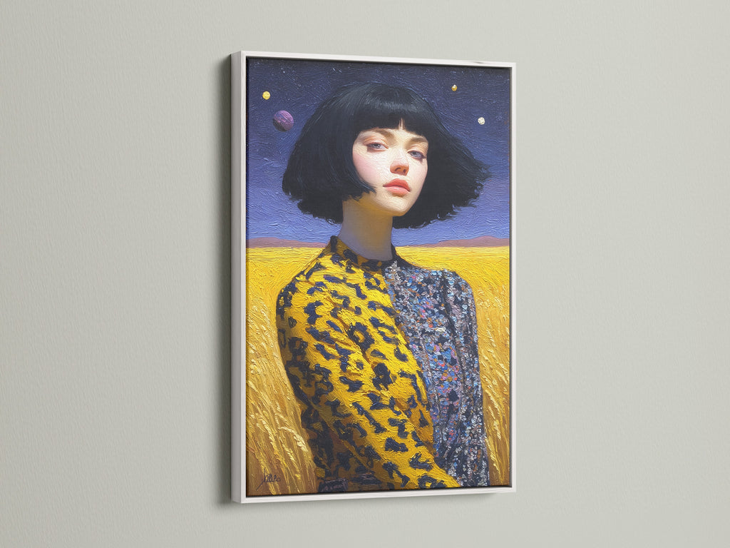 The surreal portrait artwork of a woman with a bob haircut is showcased in a white frame. The primary color is yellow. The secondary color is blue. A perfect addition to your living room bedroom or studio.