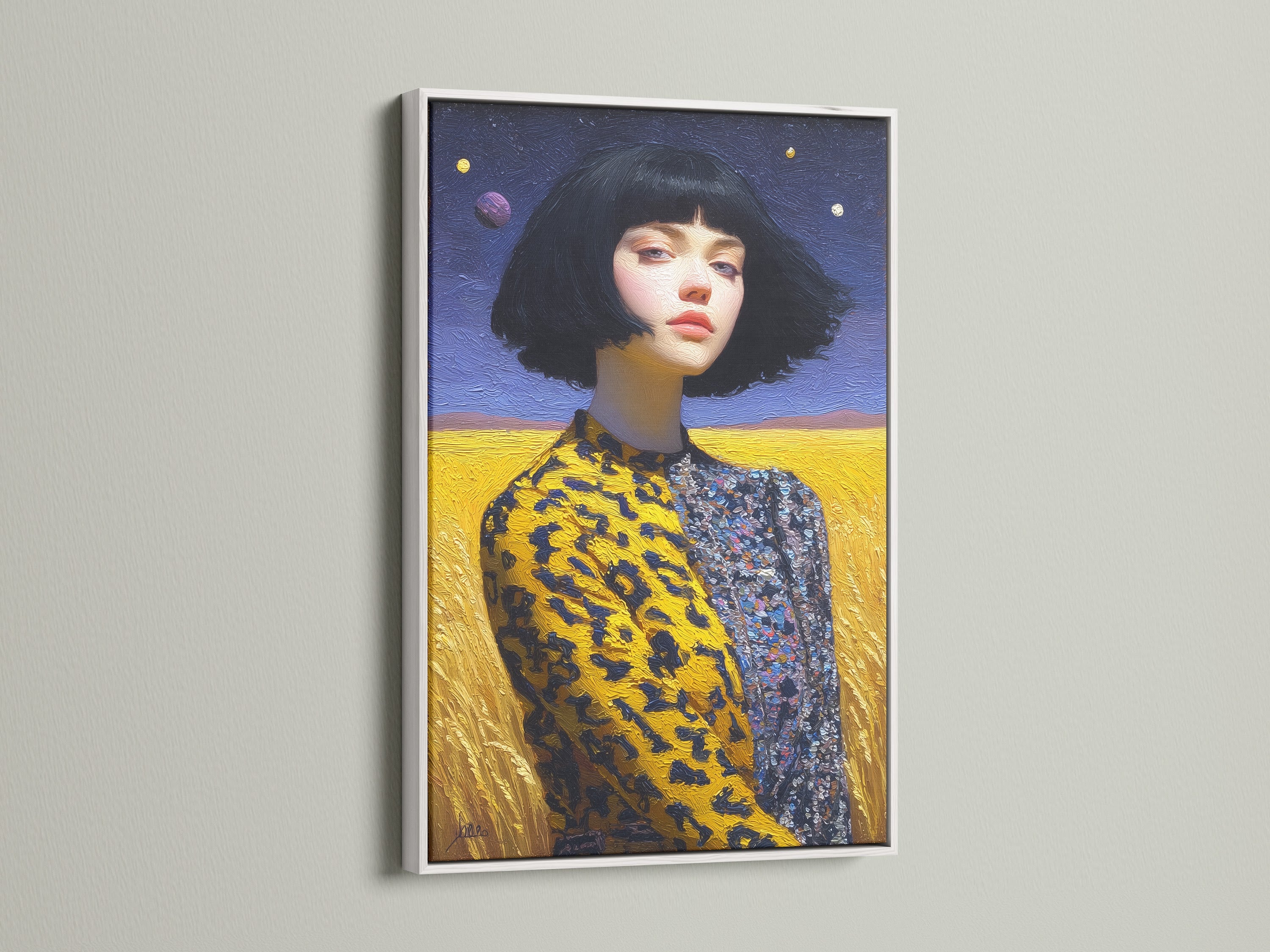 The surreal portrait artwork of a woman with a bob haircut is showcased in a white frame. The primary color is yellow. The secondary color is blue. A perfect addition to your living room bedroom or studio.