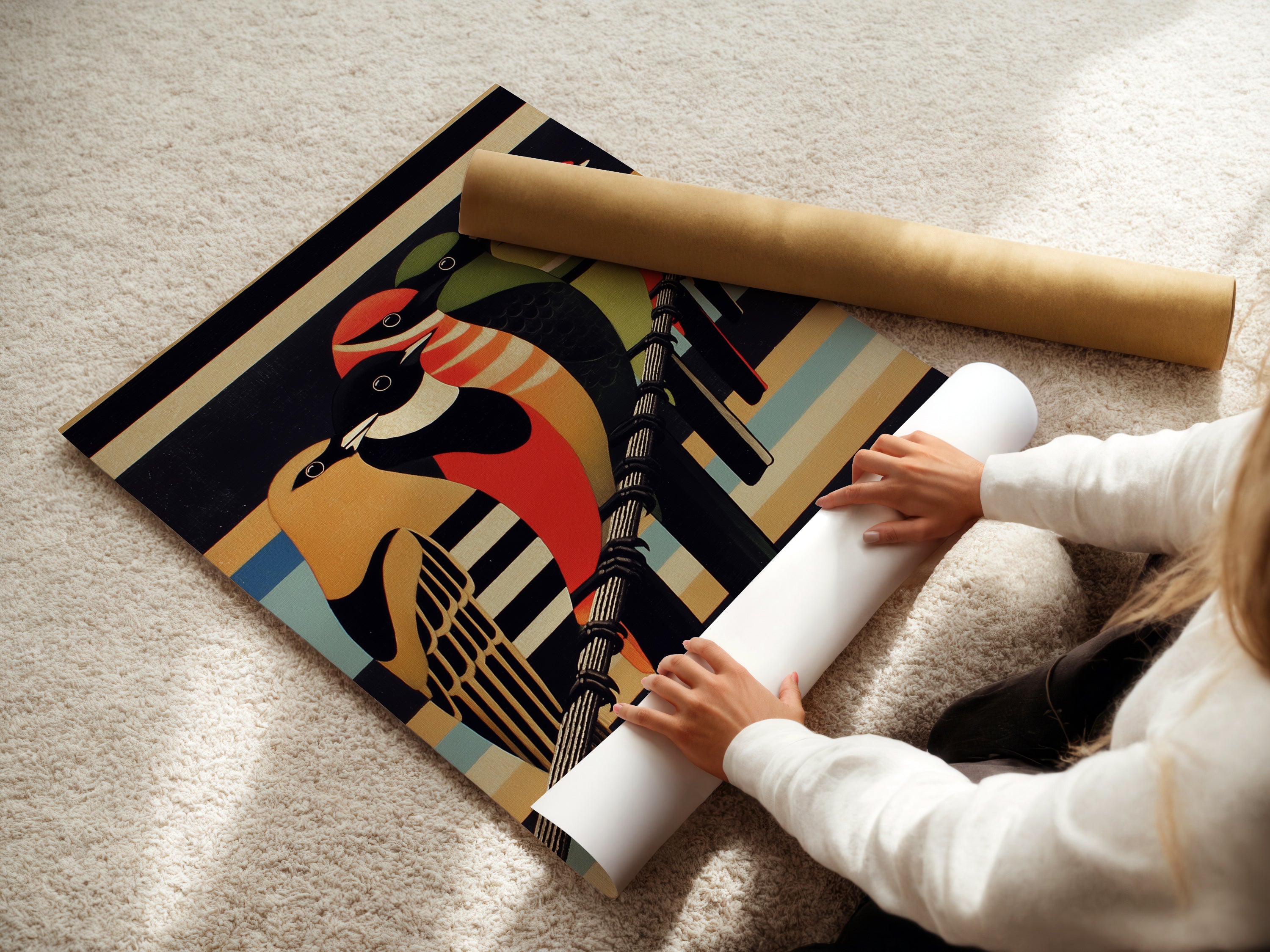 A woman carefully rolling a fine art poster paper. The vintage bird artwork is printed on high-quality paper. Get ready to frame this beautiful avian poster. Perfect for adding a touch of nature to your home. Explore our retro wall art collection.