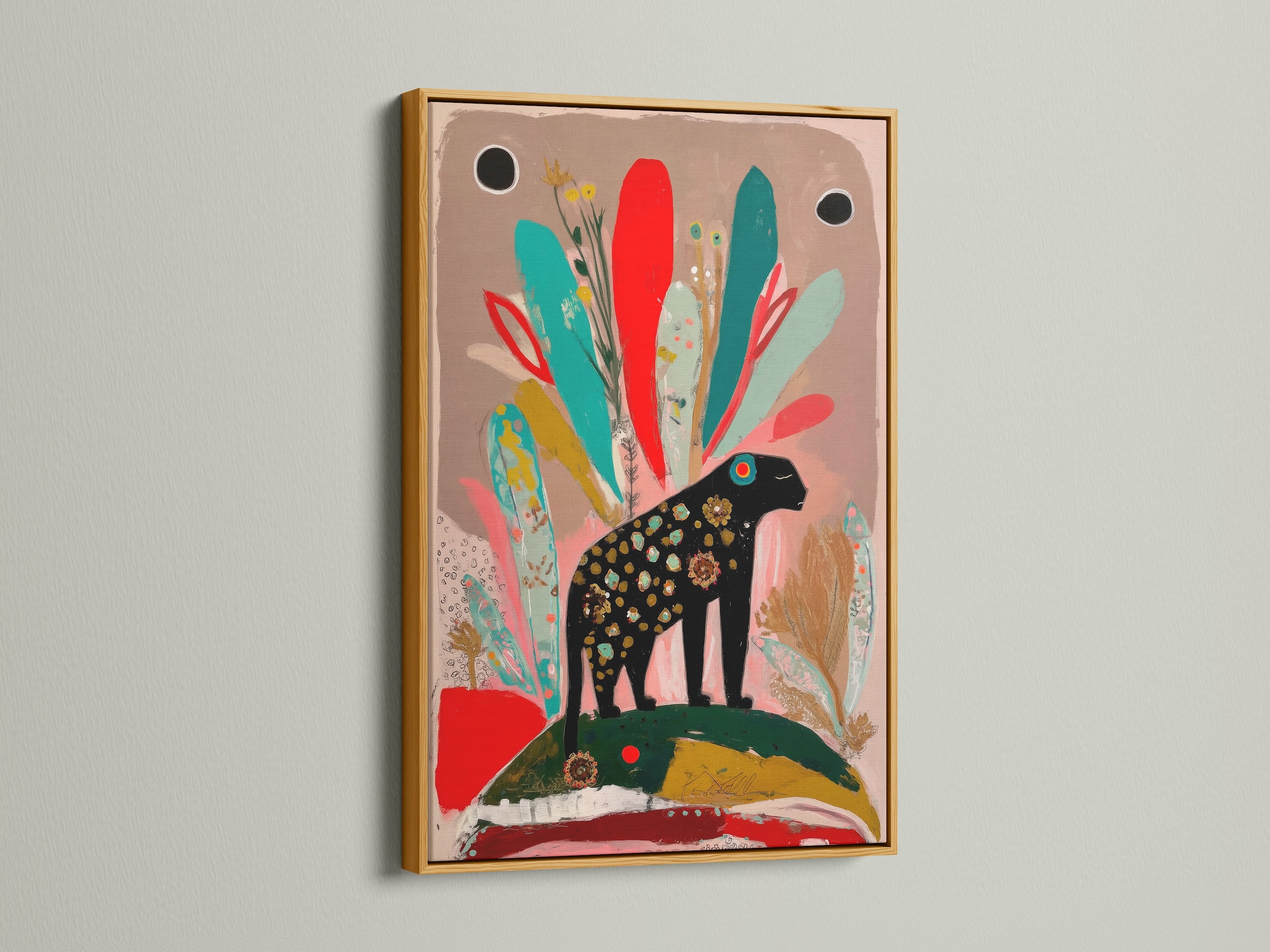 This folk art elephant print is elegantly showcased in a gold frame. The artwork's abstract design and vibrant colors create a luxurious feel. Ideal for elevating studio lobbies and cafes.