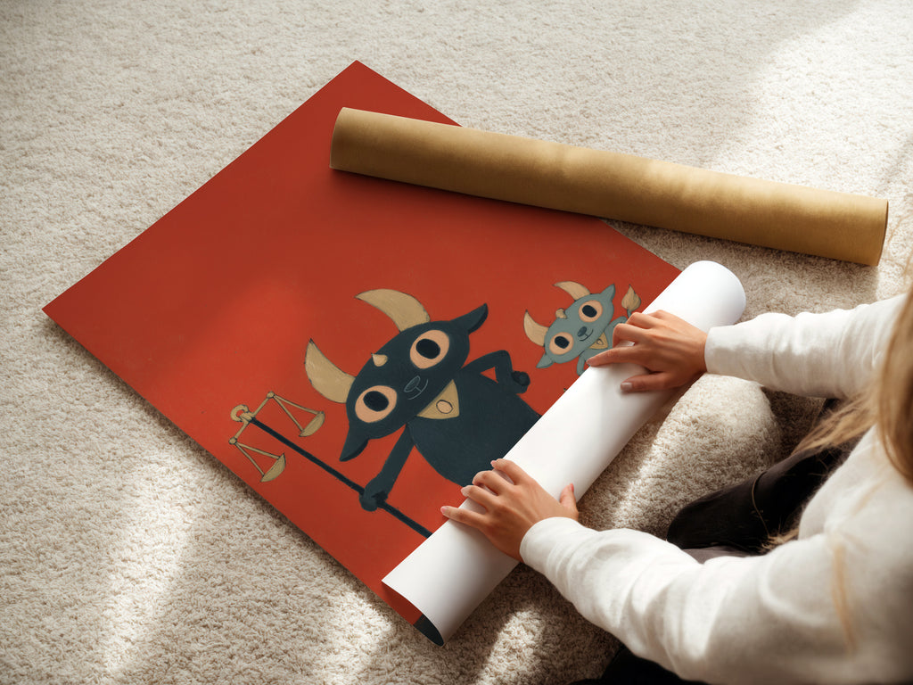 A woman is rolling a fine art poster paper featuring the Justice Bull. This artwork is ideal for legal office decor. It makes a thoughtful lawyer gift. The cute animal print is perfect for any space. This legal theme print is ready to be framed.