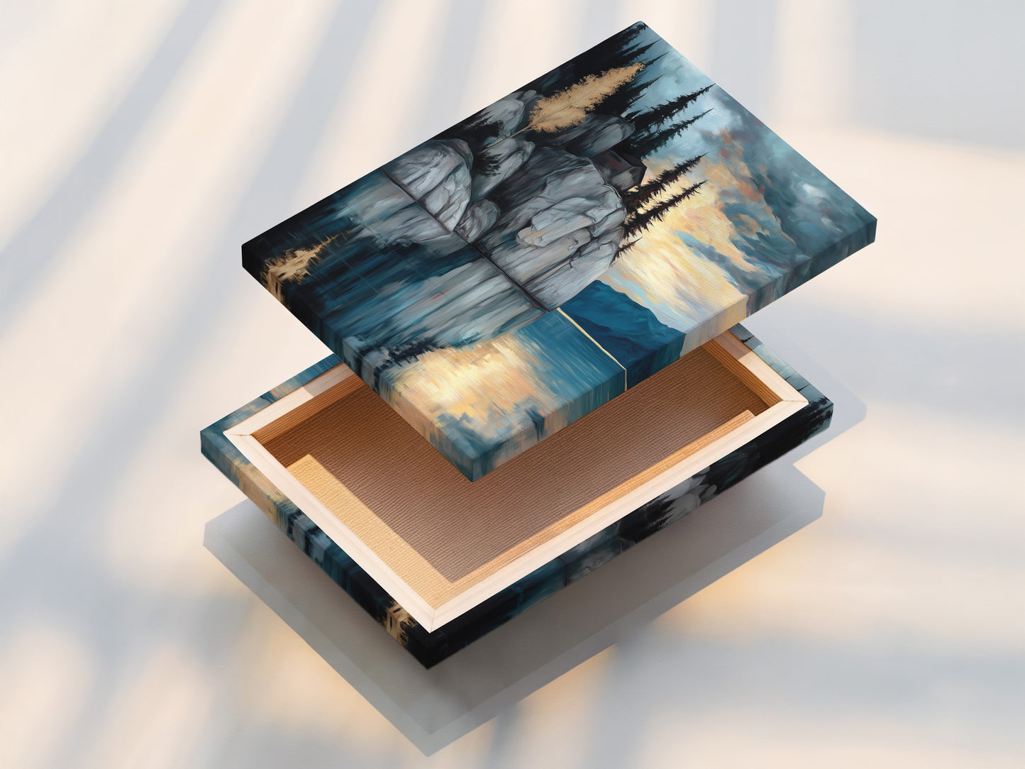 Close-up of a stretched canvas print of the Lakeside Cliff artwork. This serene mountain wall art brings a tranquil scene to your living room. The moody landscape artwork features blue and gray tones. Perfect for minimalist or Scandinavian styles. Ideal for living rooms bedrooms and offices.