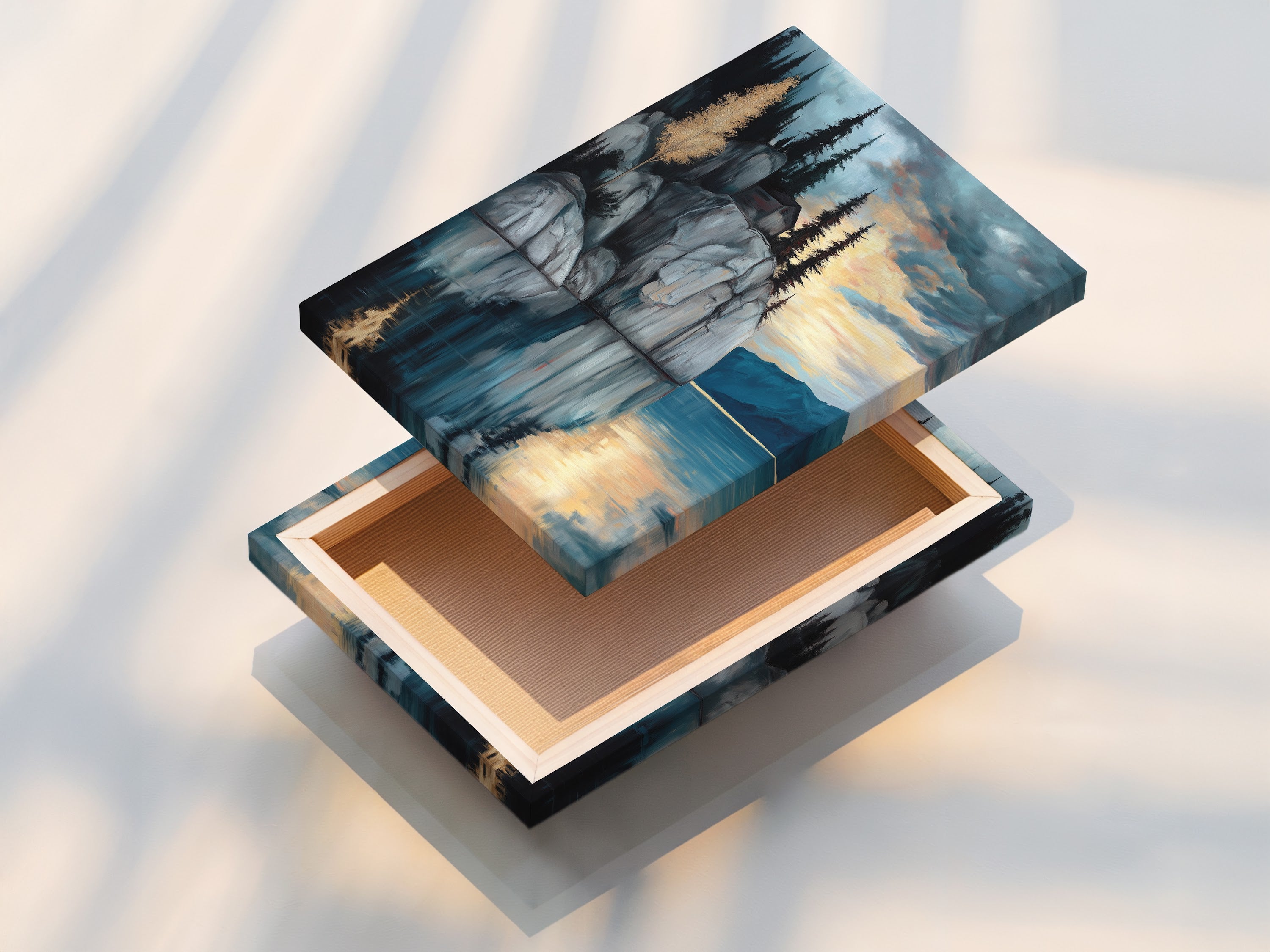 Close-up of a stretched canvas print of the Lakeside Cliff artwork. This serene mountain wall art brings a tranquil scene to your living room. The moody landscape artwork features blue and gray tones. Perfect for minimalist or Scandinavian styles. Ideal for living rooms bedrooms and offices.