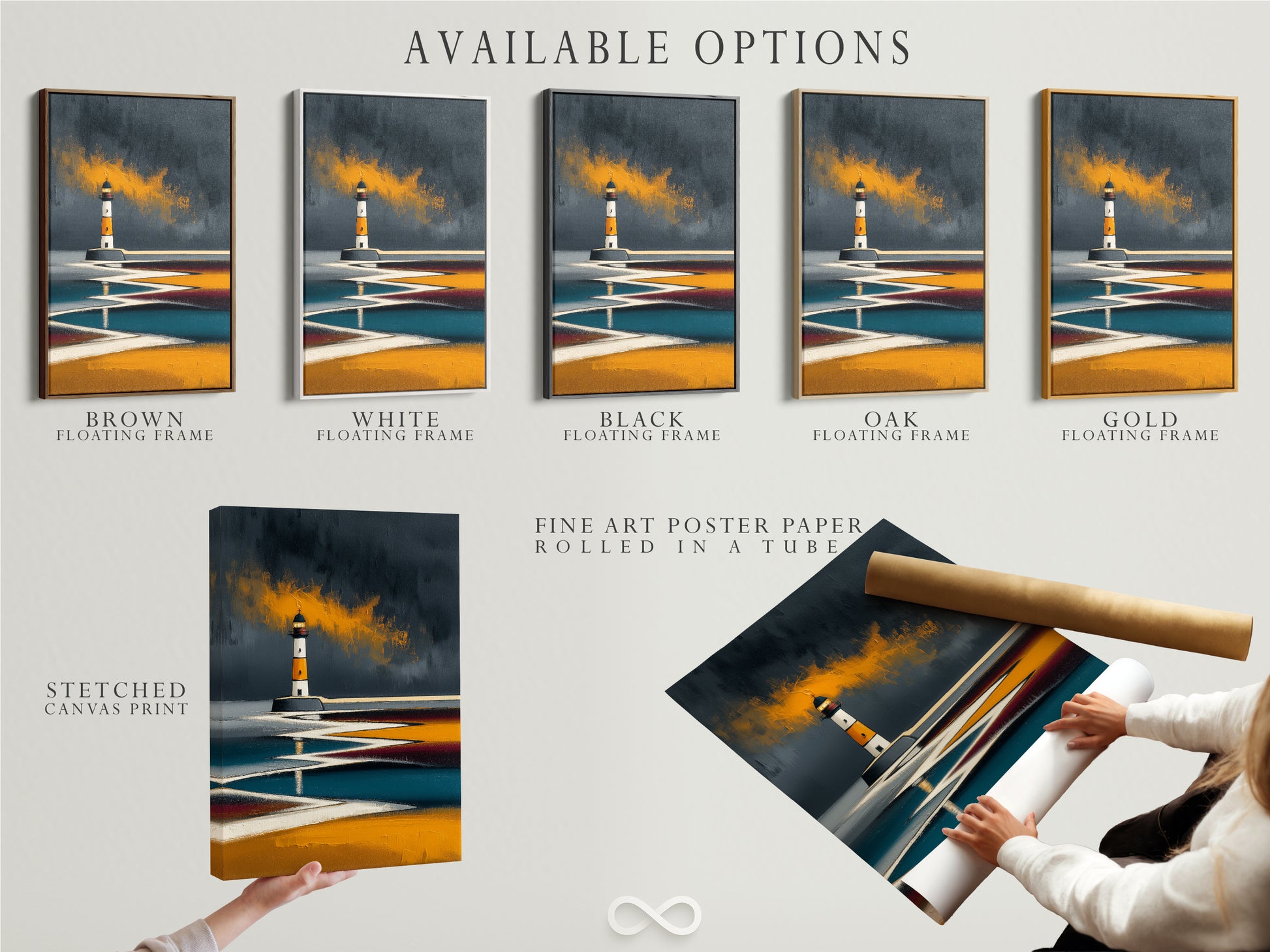 Available options for Lighthouse coastal art. Choose from a stretched canvas print fine art poster paper or a floating frame. Find the perfect style for your modern wall art. Personalize your abstract nautical artwork for any space.