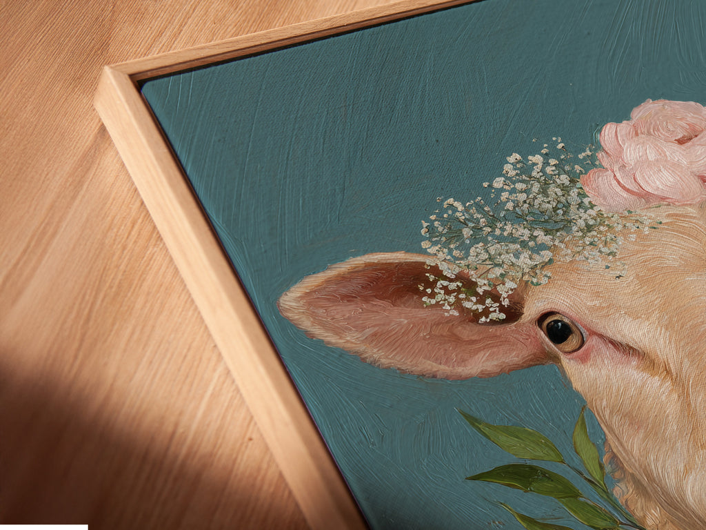 Close-up of a canvas print featuring whimsical sheep artwork in a floating frame. The floral crown and pearl necklace enhance its charm. Ideal for Country Wall Art and Nursery Wall Decor. Perfect for adding a touch of rustic elegance.