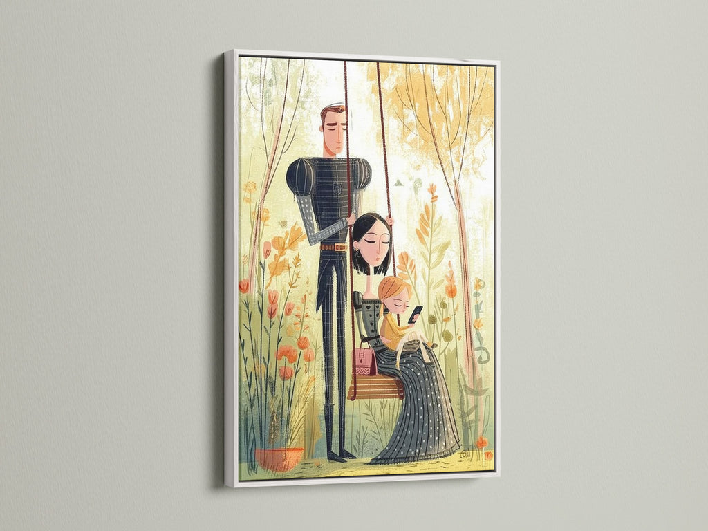 Here is a family artwork displayed in a white frame. The bright white frame makes the artwork pop. It is ideal for nursery decor or family rooms. The white frame offers a clean fresh look.