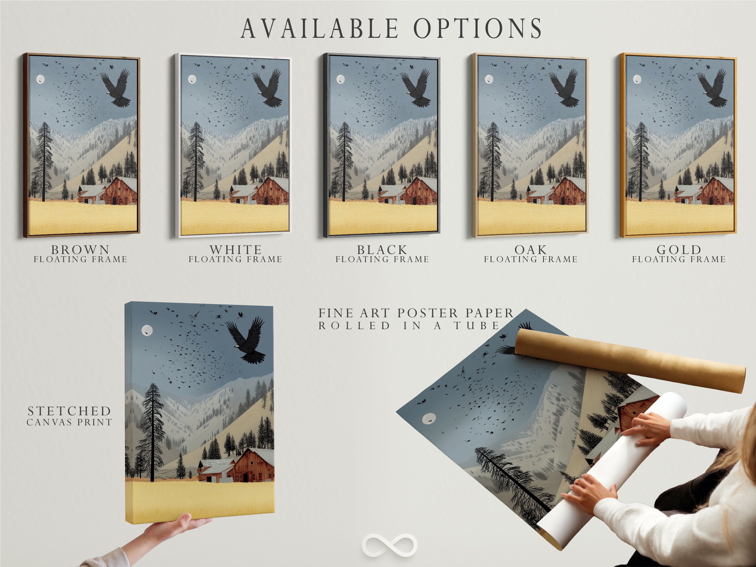 Available options showcased include a stretched canvas print fine art poster paper and a floating frame. The featured artwork is an eagle over a barn. This rustic farmhouse piece offers versatile display choices. Enhance your cabin or home with vintage landscape art.