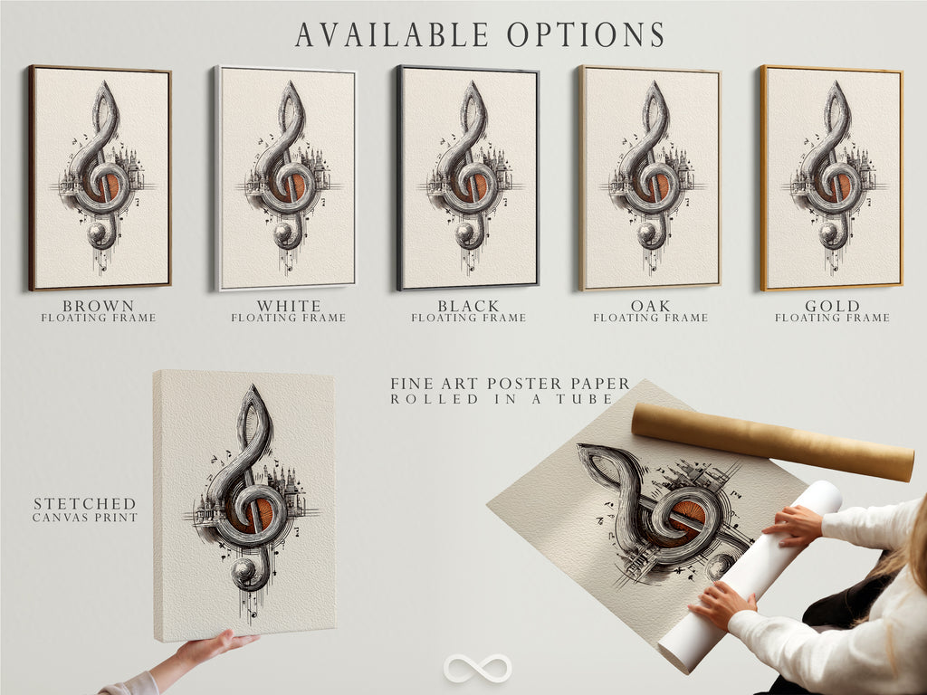 Available options for the treble clef art print. Choose from stretched canvas print fine art poster paper or floating frame. Customize your music city art to fit your style. Perfect music themed decor and a unique musician gift.