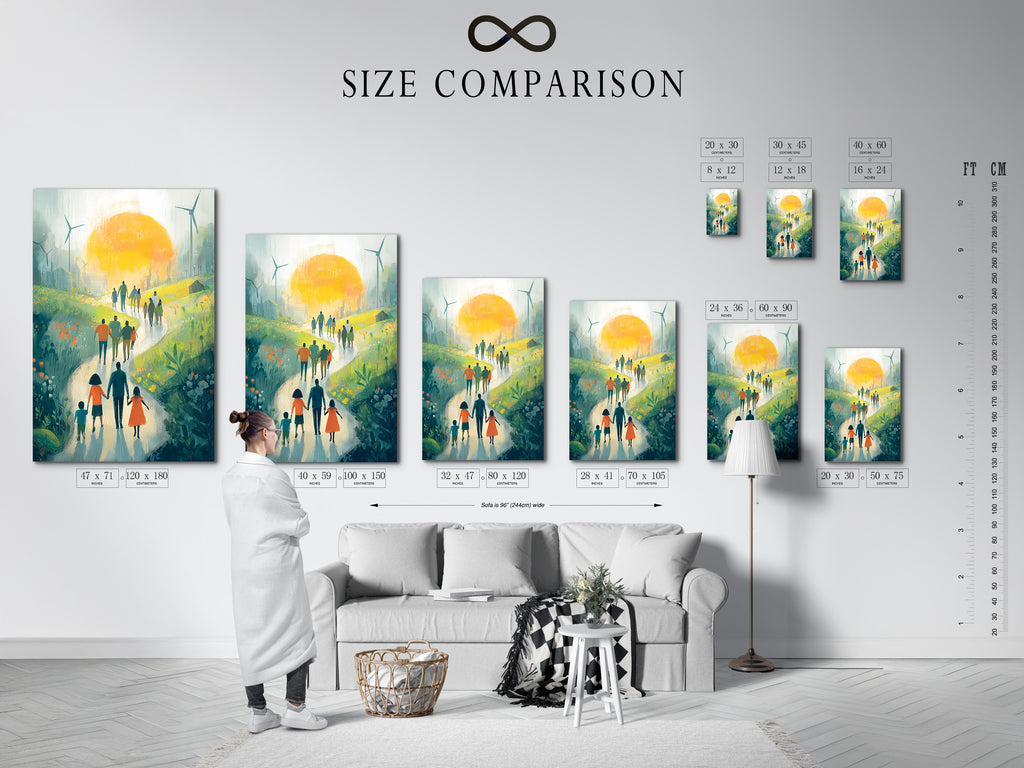 Sustainable Future Art Print - Family Walking Path Landscape, Green Energy Wind Turbines, Eco Friendly Wall Decor, Hope Artwork