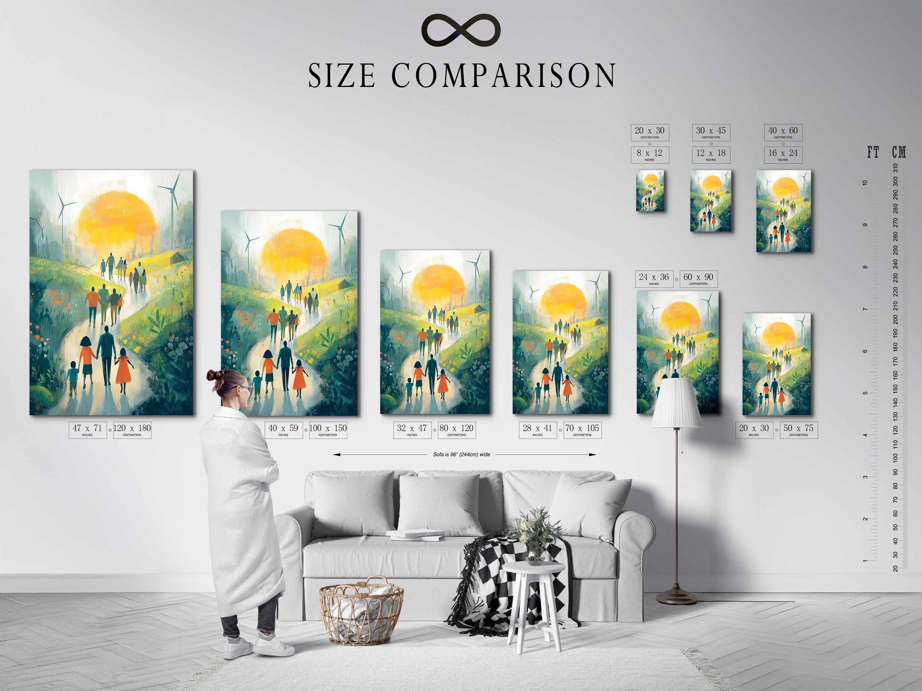 Sustainable Future Art Print - Family Walking Path Landscape, Green Energy Wind Turbines, Eco Friendly Wall Decor, Hope Artwork