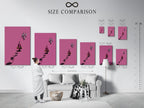 A size comparison chart in an interior setting. It shows the different sizes available for the surreal pink artwork. The minimalist canvas print can be customized. The contemporary abstract poster enhances waiting rooms.