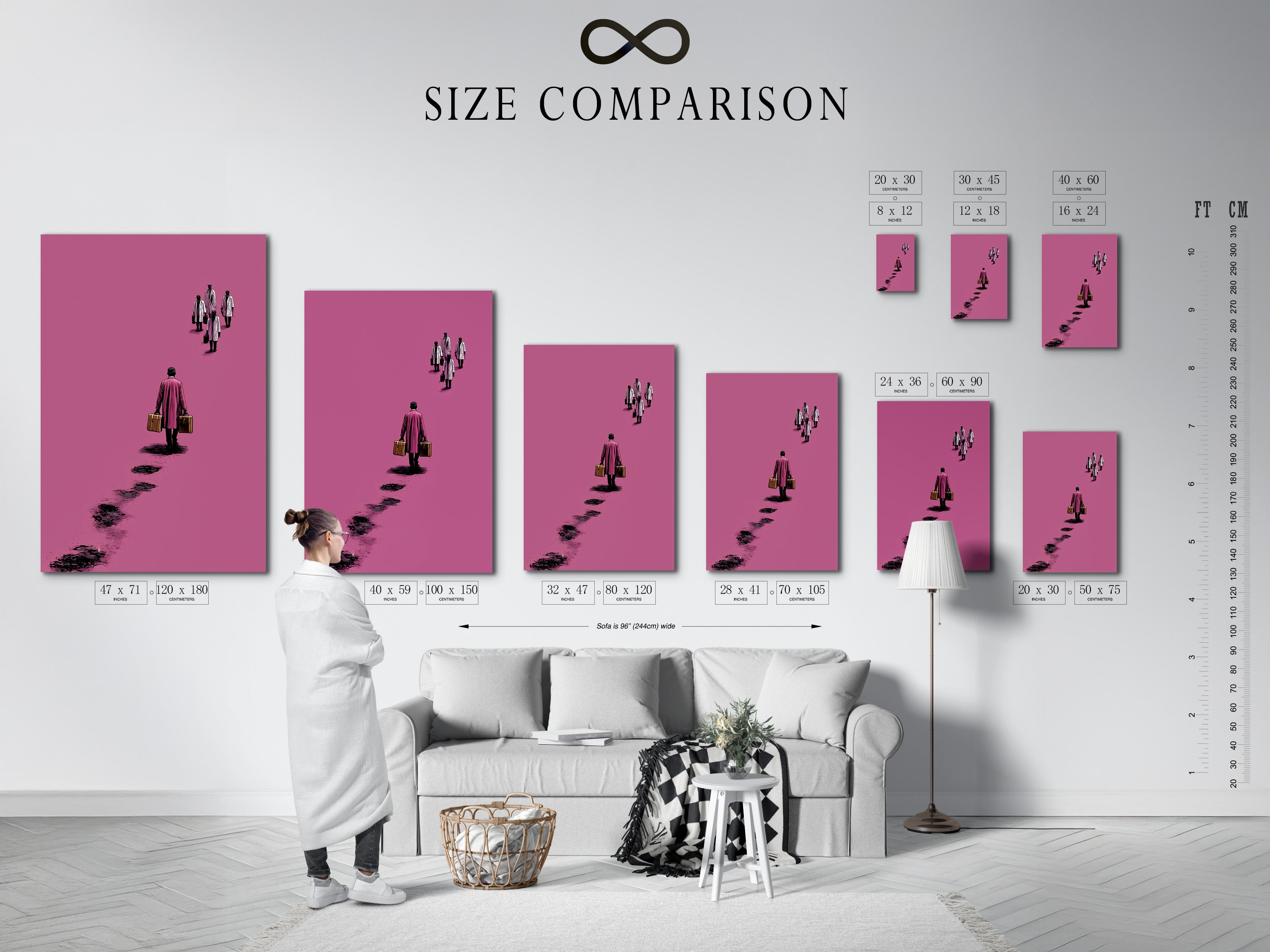 A size comparison chart in an interior setting. It shows the different sizes available for the surreal pink artwork. The minimalist canvas print can be customized. The contemporary abstract poster enhances waiting rooms.