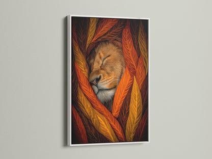A white frame surrounds a serene sleeping lion artwork. The contrast highlights the rustic earth tone decor. This lion wall art is perfect for adding warmth to your living space. A unique gift for animal lovers.