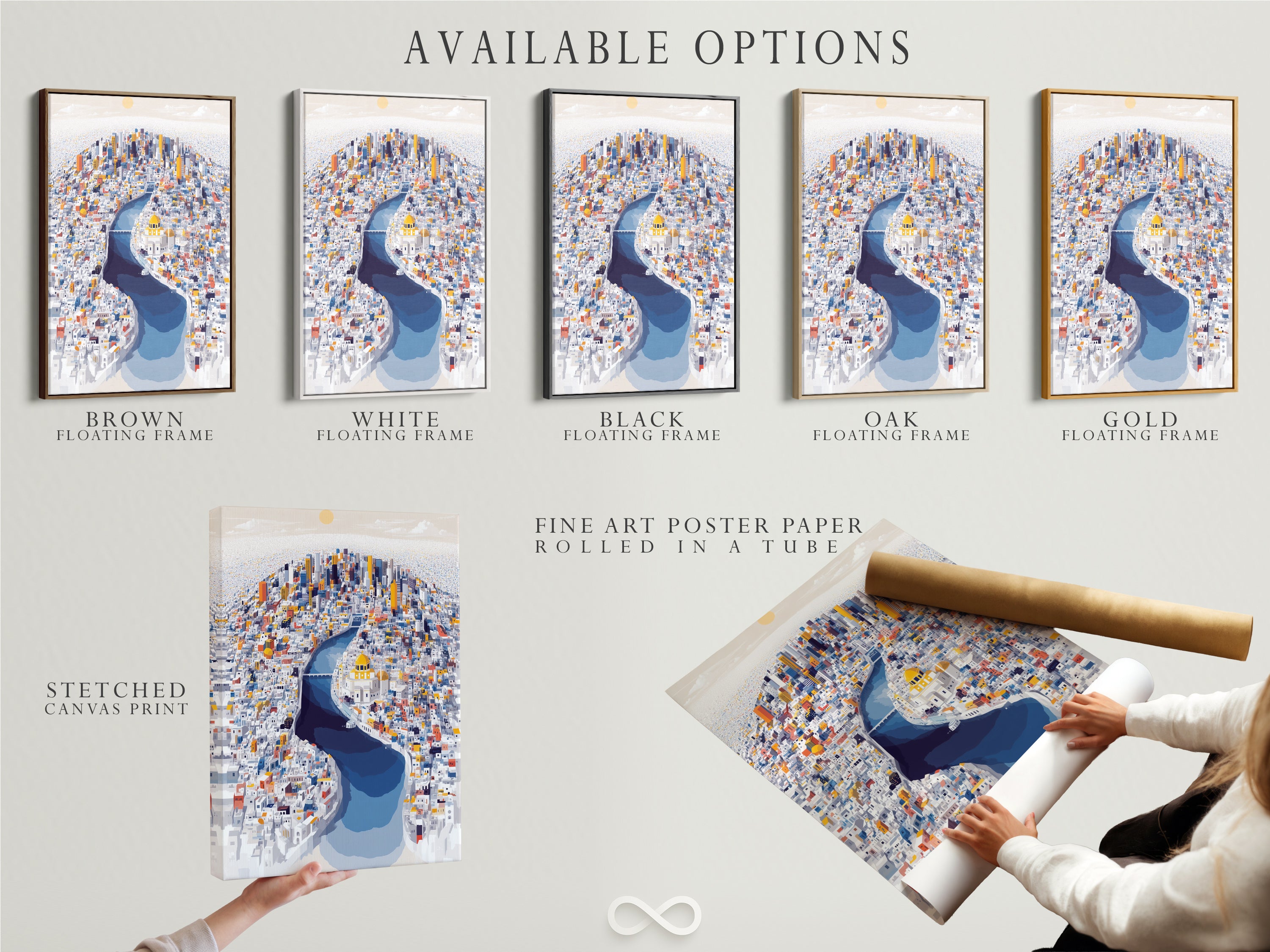 Explore the available options for this cityscape artwork. Choose from a stretched canvas print a fine art poster paper or a floating frame. Customize the artwork to match your style. Perfect for adding a personal touch to your wall decor. Find the ideal option for your modern space.