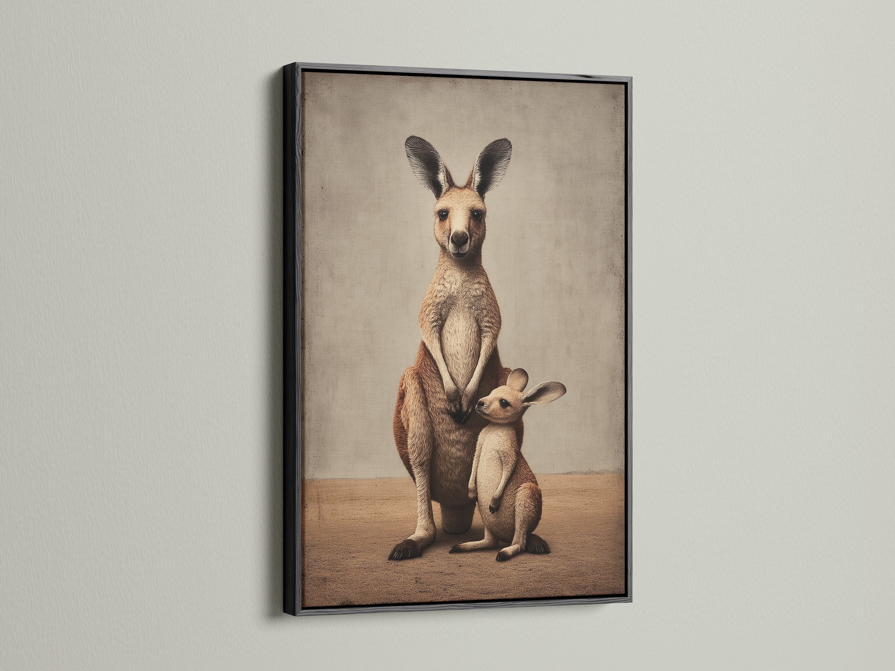 The kangaroo family artwork is presented in a sleek black frame. This art adds a touch of sophistication to any space. A great choice for modern or eclectic interiors. The marsupial art is striking.