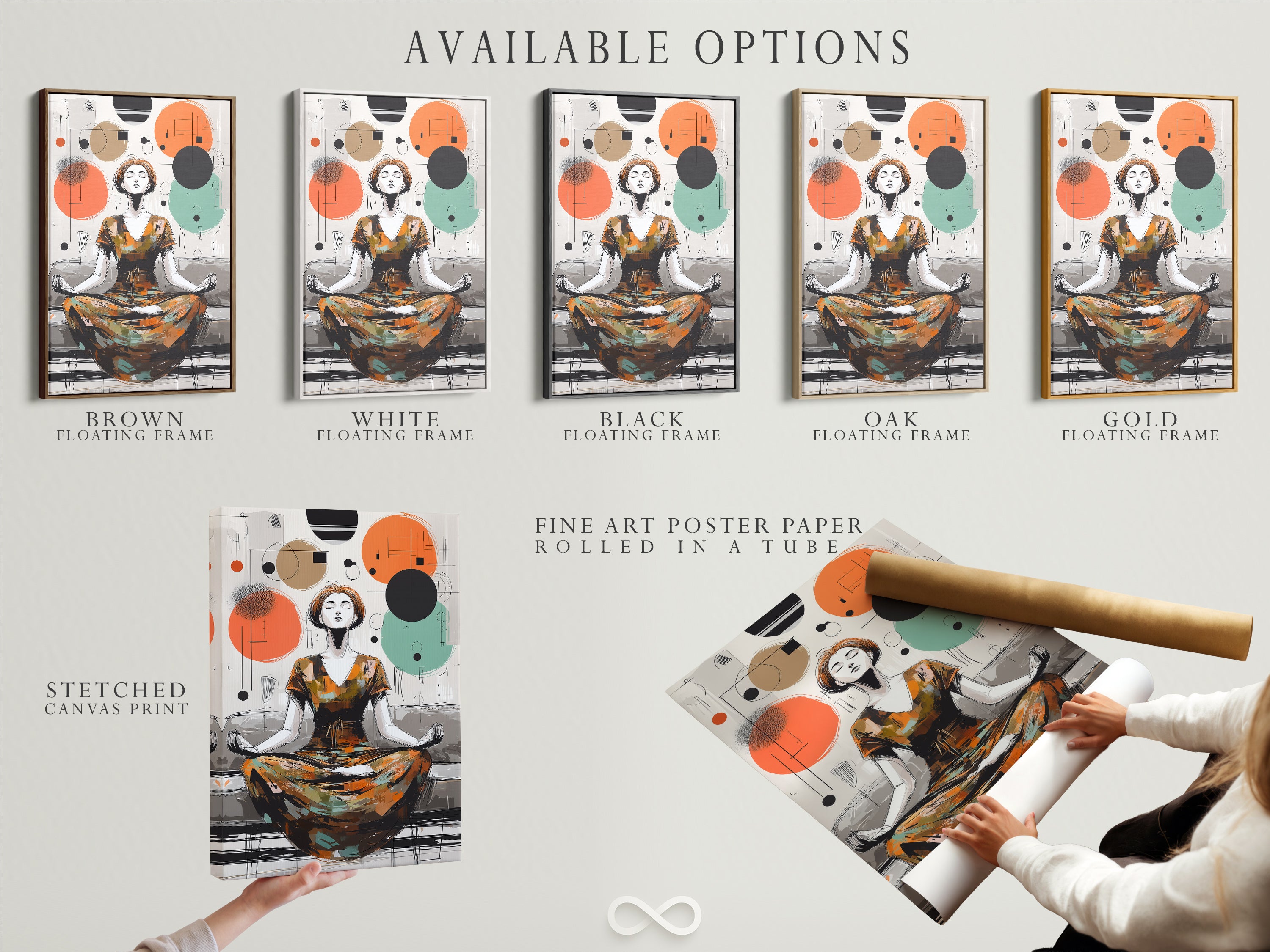 Available options for the abstract meditation artwork are showcased. Options include a stretched canvas print fine art poster paper and a floating frame. Customize your art to fit your style and space. Find the perfect piece today.