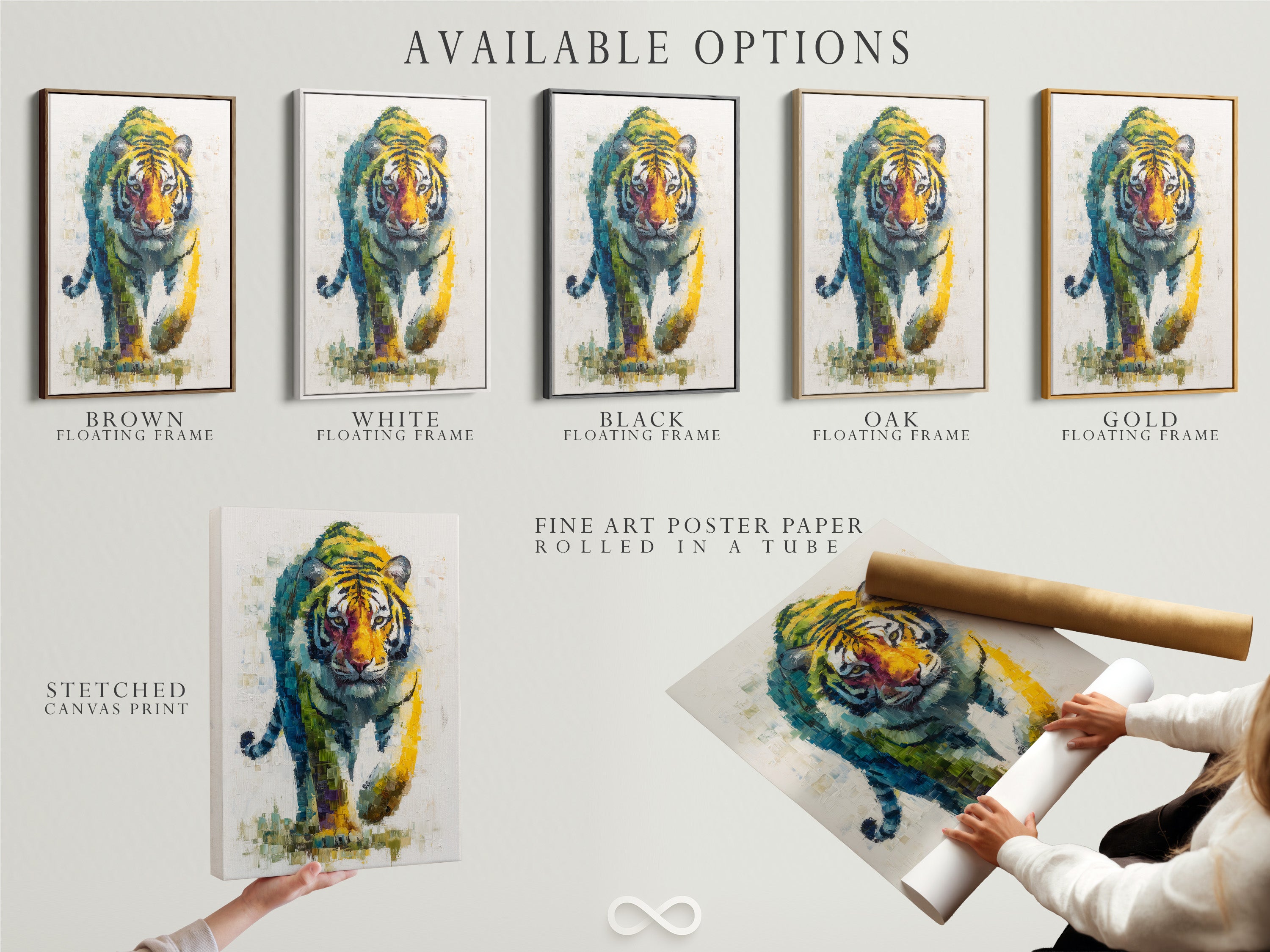 Available options for the tiger artwork: stretched canvas print fine art poster paper and floating frame. Customize your modern animal artwork to fit your style. Elevate your office or home decor.